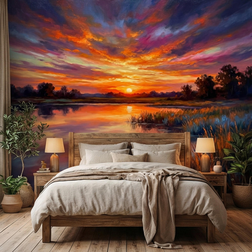 Impressionist Sunset Lake Peel and Stick Wall Mural, Colorful Sky Reflection Landscape Wallpaper, Vibrant Nature Scene Lakehouse Decor