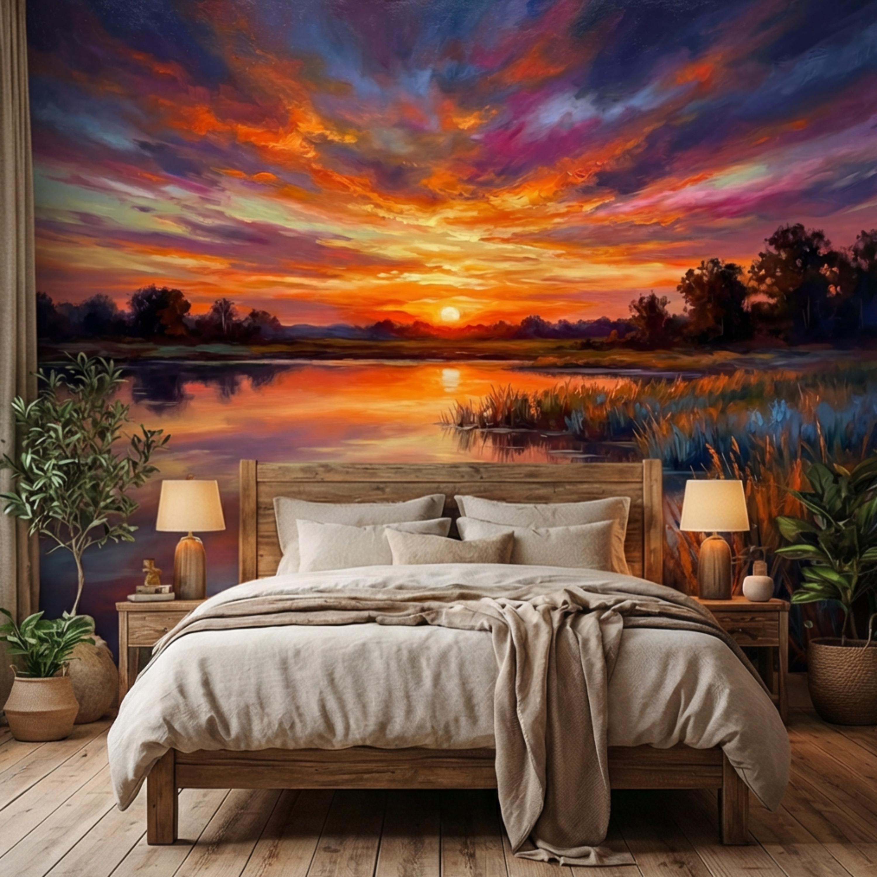 Impressionist Sunset Lake Peel and Stick Wall Mural, Colorful Sky Reflection Landscape Wallpaper, Vibrant Nature Scene Lakehouse Decor