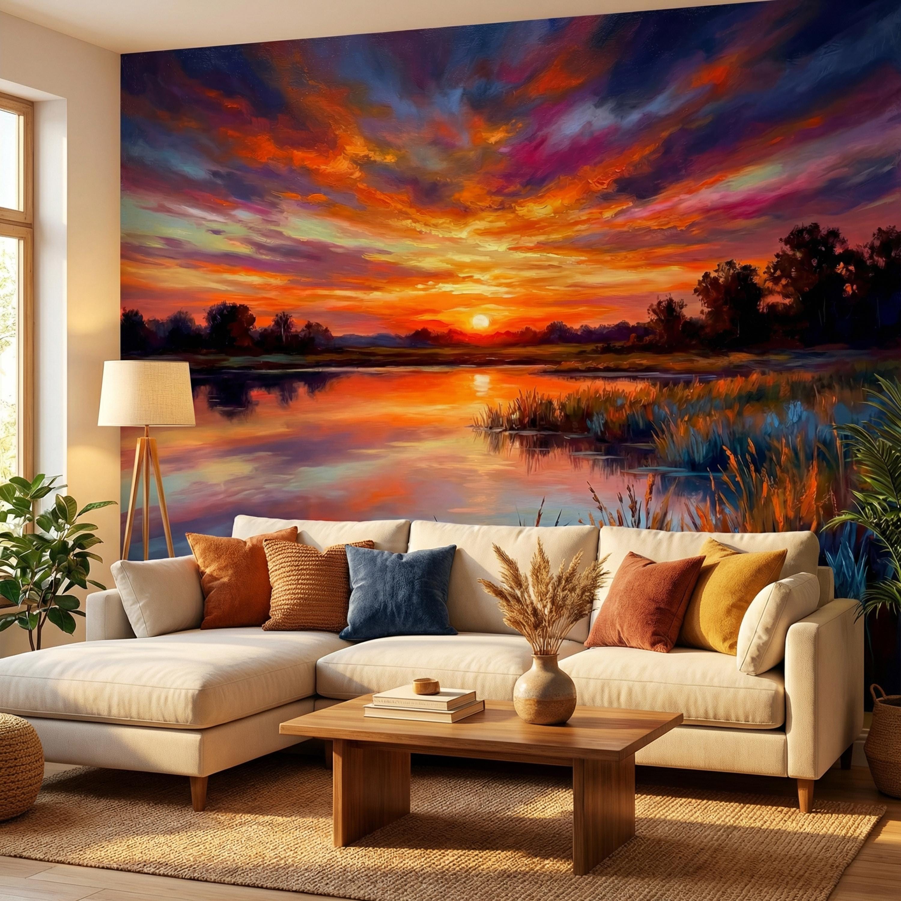 Impressionist Sunset Lake Peel and Stick Wall Mural, Colorful Sky Reflection Landscape Wallpaper, Vibrant Nature Scene Lakehouse Decor