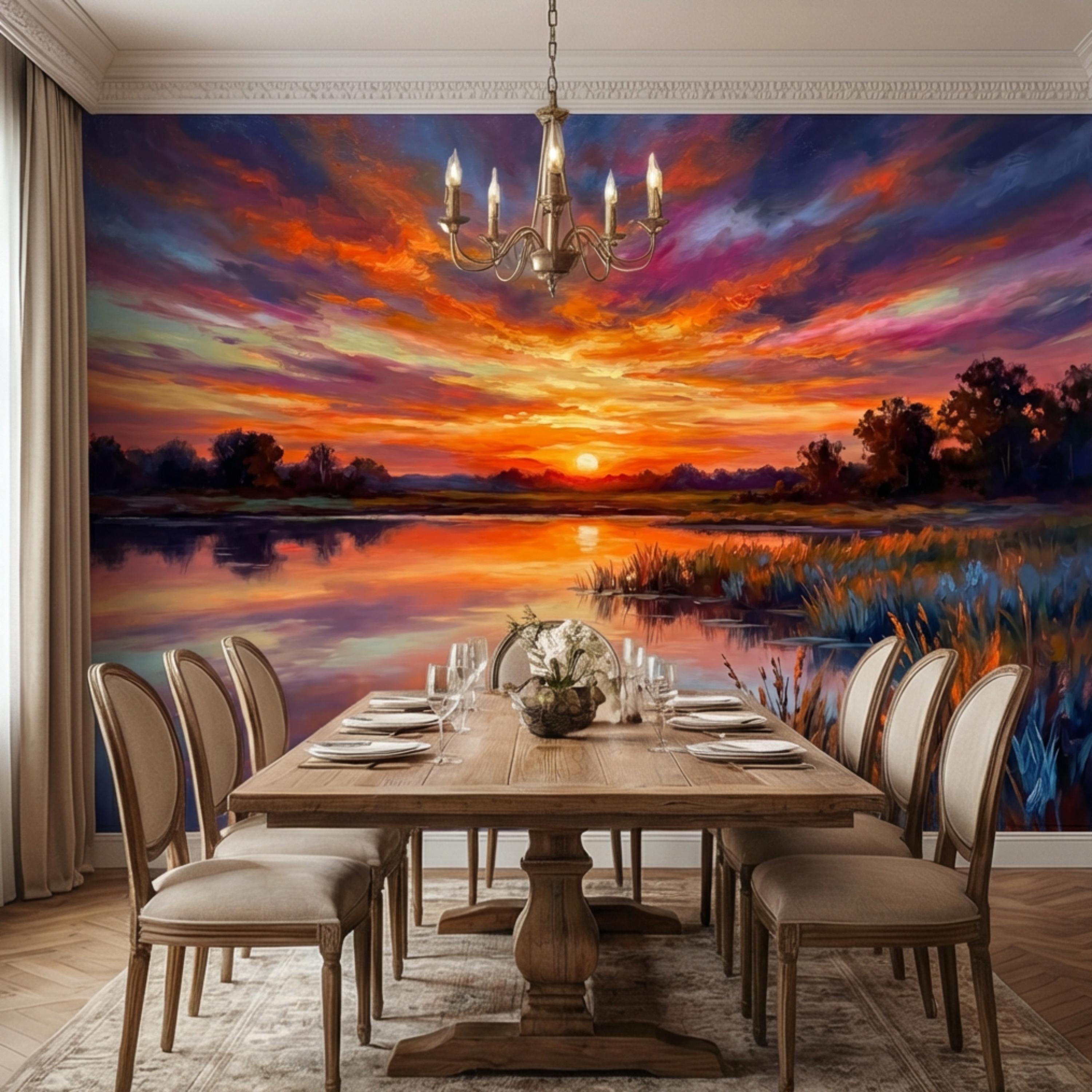 Impressionist Sunset Lake Peel and Stick Wall Mural, Colorful Sky Reflection Landscape Wallpaper, Vibrant Nature Scene Lakehouse Decor