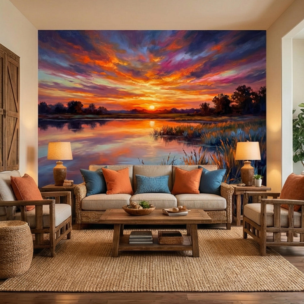 Impressionist Sunset Lake Peel and Stick Wall Mural, Colorful Sky Reflection Landscape Wallpaper, Vibrant Nature Scene Lakehouse Decor