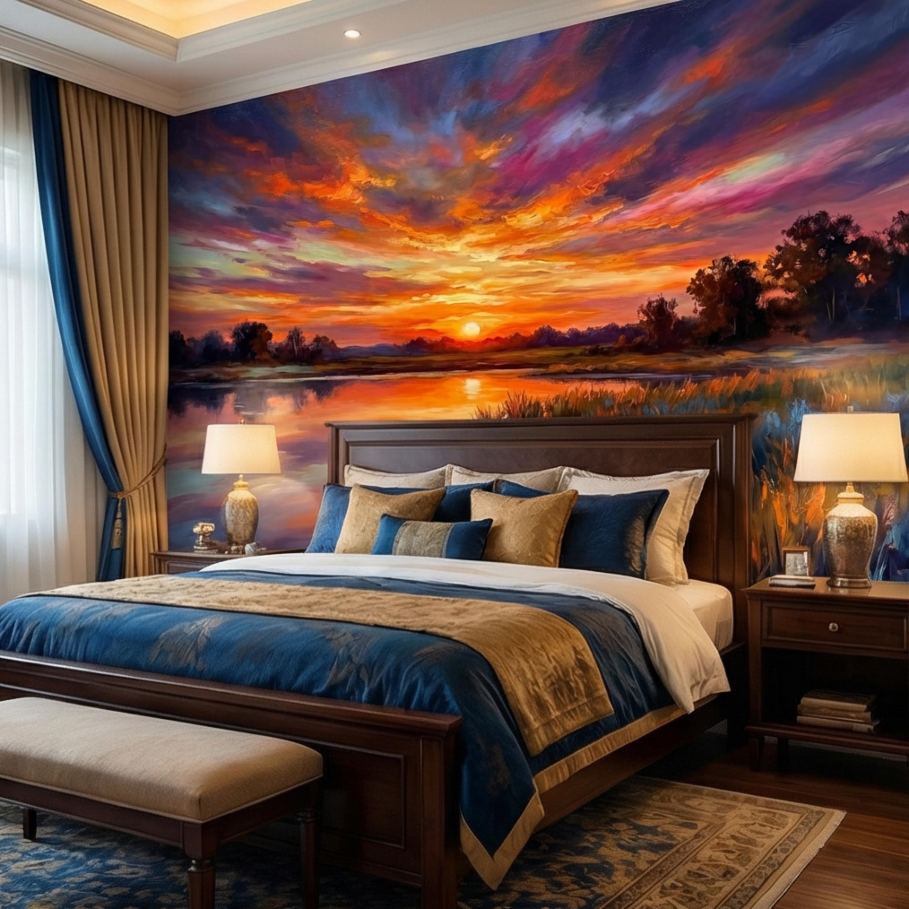 Impressionist Sunset Lake Peel and Stick Wall Mural, Colorful Sky Reflection Landscape Wallpaper, Vibrant Nature Scene Lakehouse Decor