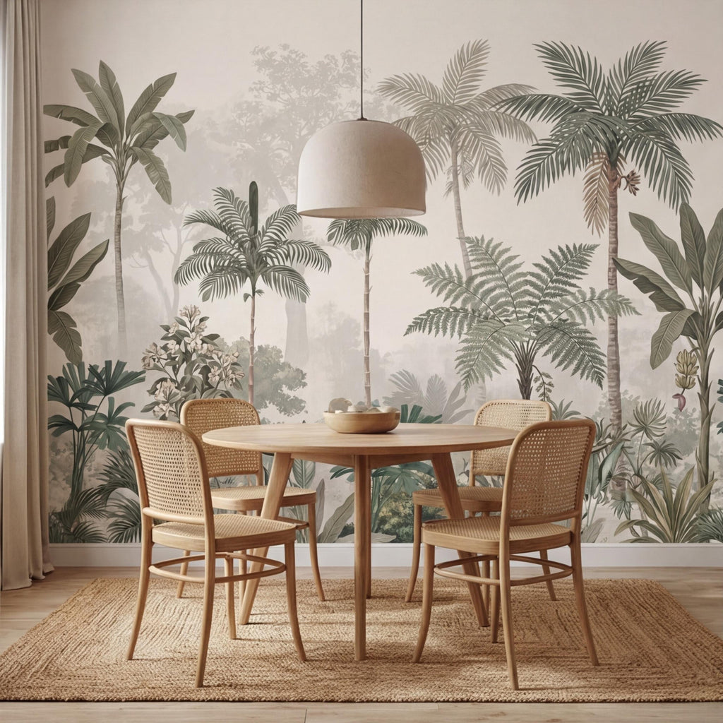 Tropical Palm Jungle Peel and Stick Wall Mural Wallpaper, Neutral Botanical Boho Wallpaper Nursery Bedroom Living Room Decor