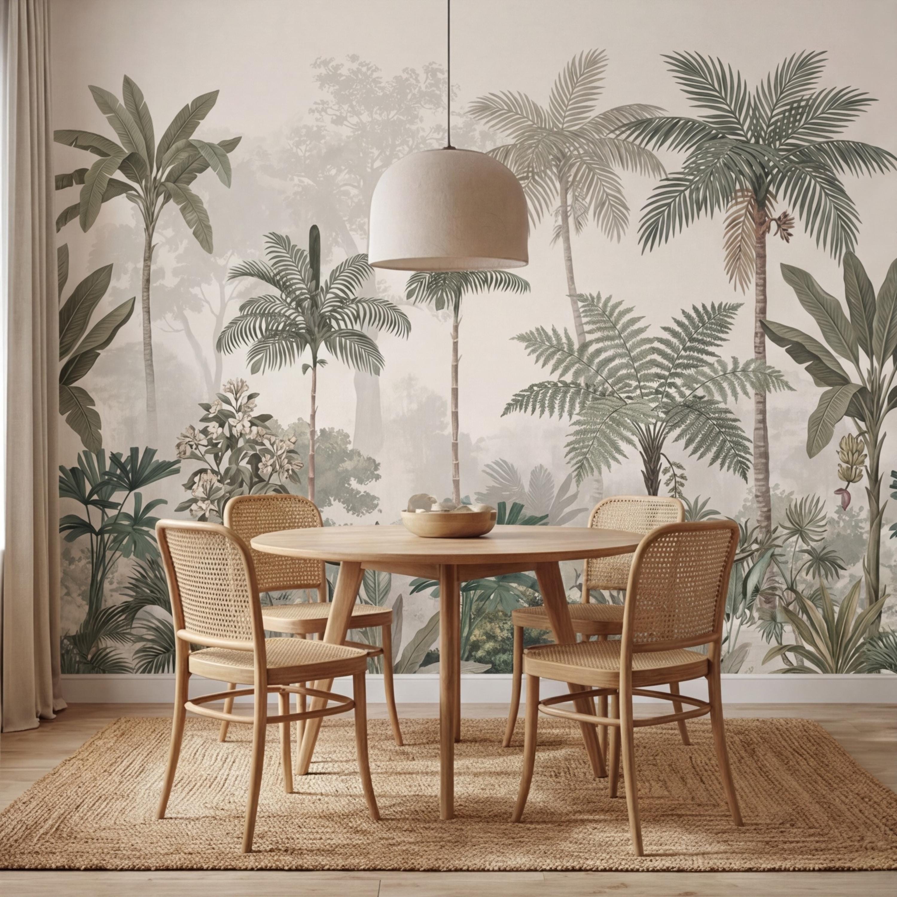 Tropical Palm Jungle Peel and Stick Wall Mural Wallpaper, Neutral Botanical Boho Wallpaper Nursery Bedroom Living Room Decor