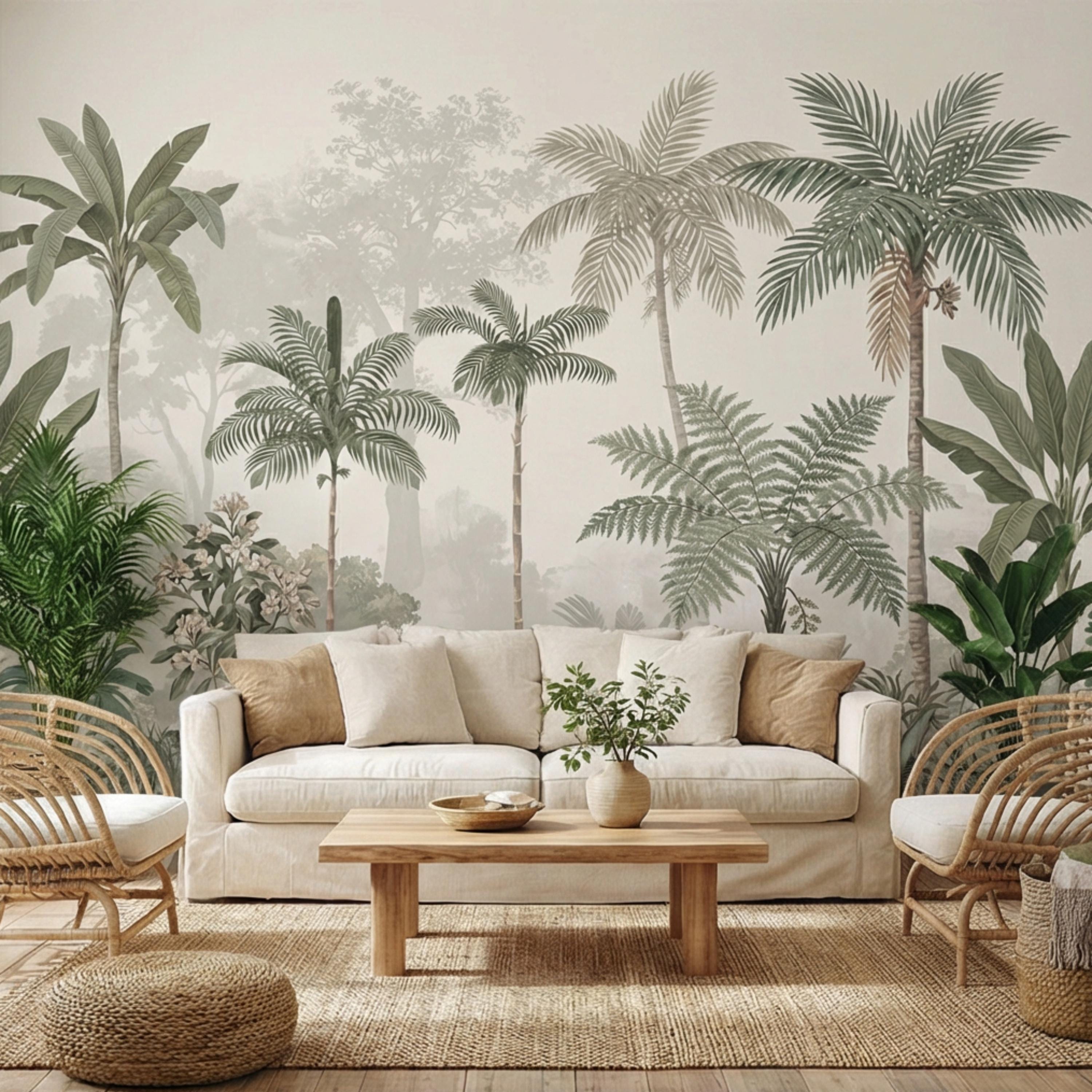 Tropical Palm Jungle Peel and Stick Wall Mural Wallpaper, Neutral Botanical Boho Wallpaper Nursery Bedroom Living Room Decor