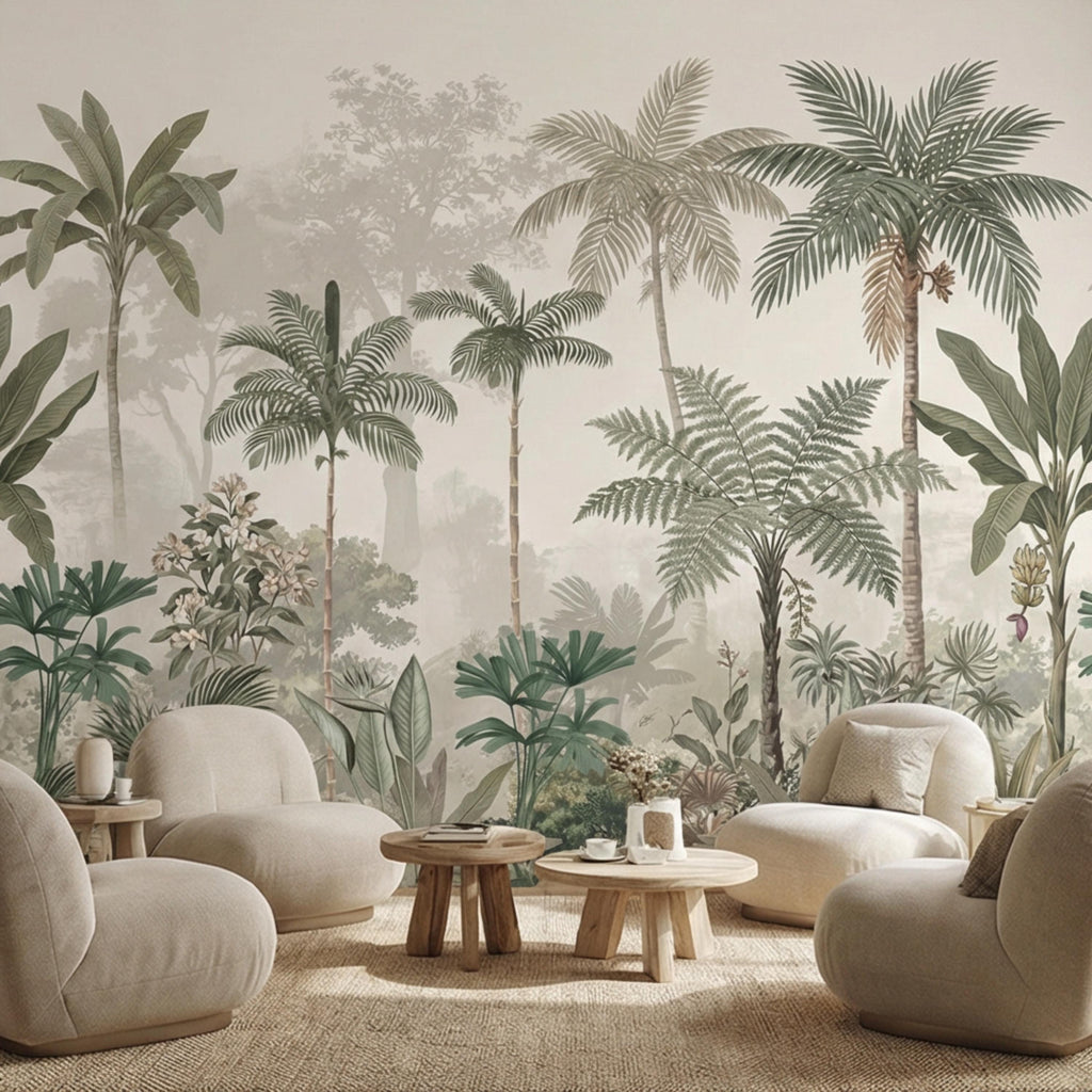 Tropical Palm Jungle Peel and Stick Wall Mural Wallpaper, Neutral Botanical Boho Wallpaper Nursery Bedroom Living Room Decor