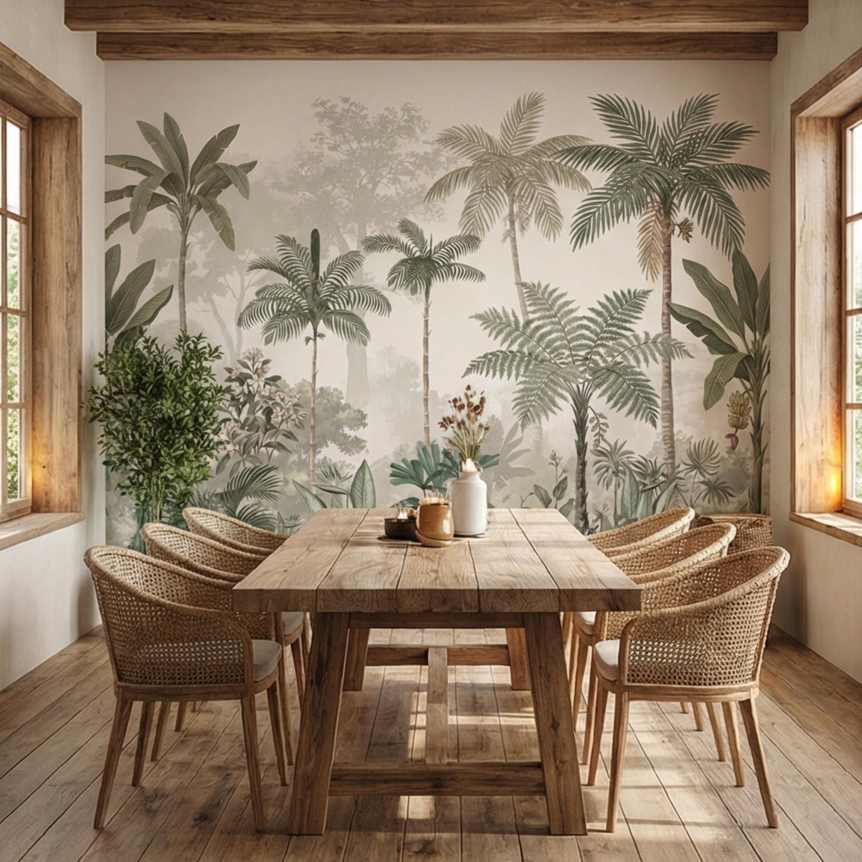 Tropical Palm Jungle Peel and Stick Wall Mural Wallpaper, Neutral Botanical Boho Wallpaper Nursery Bedroom Living Room Decor