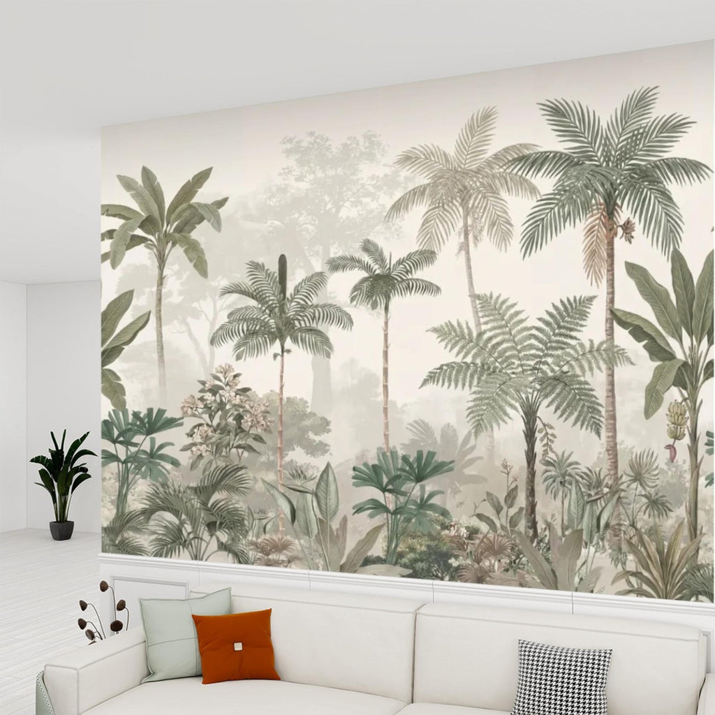 Tropical Palm Jungle Peel and Stick Wall Mural Wallpaper, Neutral Botanical Boho Wallpaper Nursery Bedroom Living Room Decor