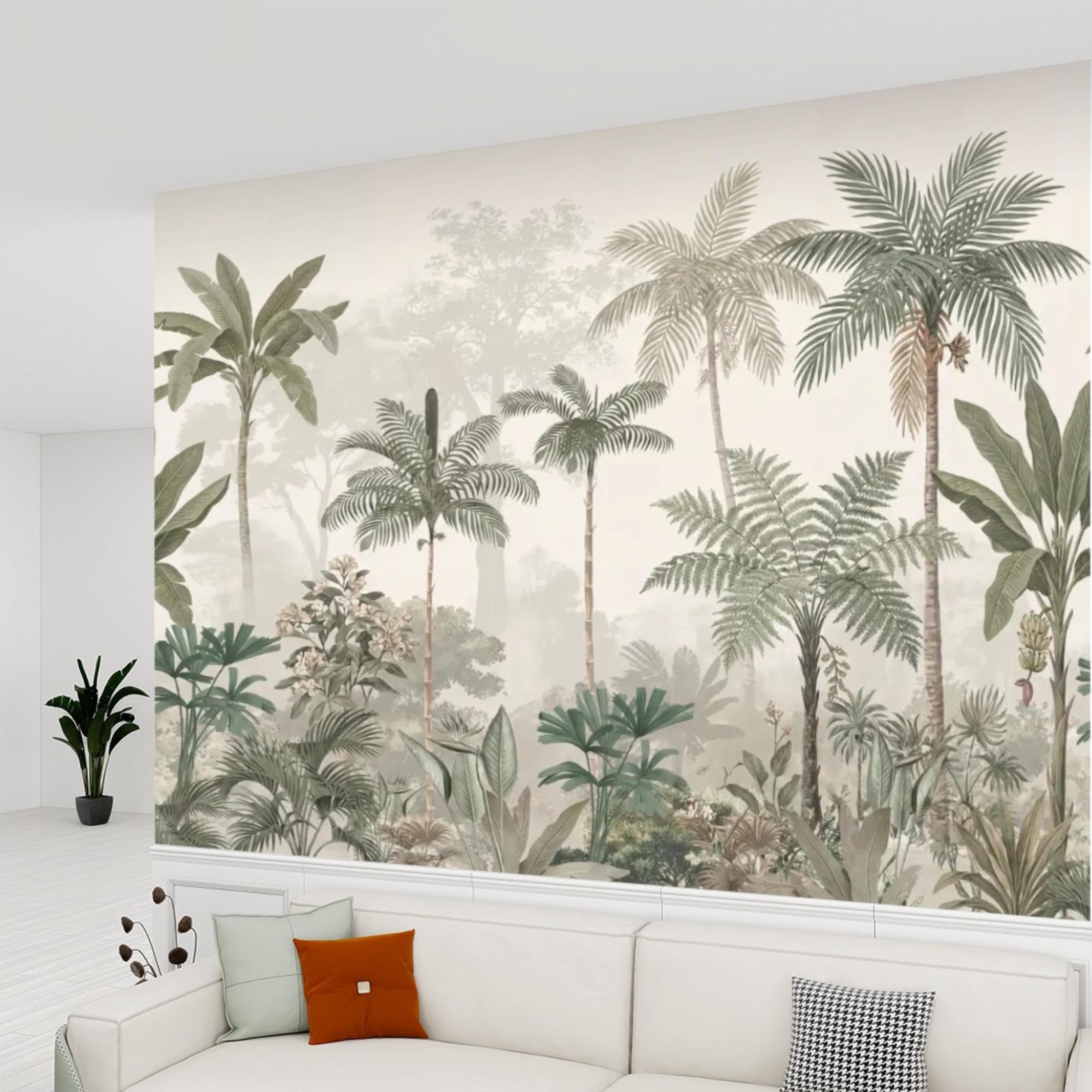 Tropical Palm Jungle Peel and Stick Wall Mural Wallpaper, Neutral Botanical Boho Wallpaper Nursery Bedroom Living Room Decor