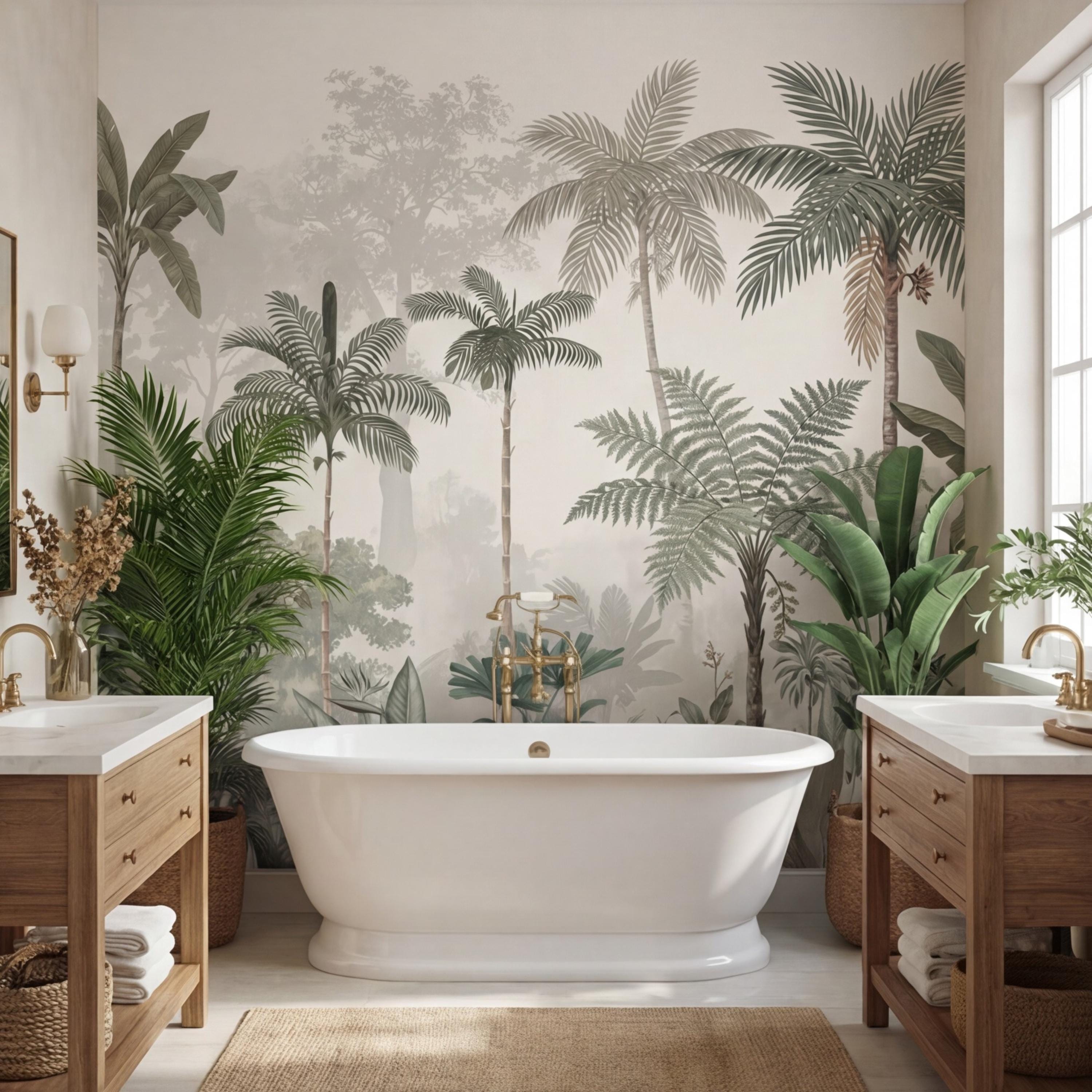 Tropical Palm Jungle Peel and Stick Wall Mural Wallpaper, Neutral Botanical Boho Wallpaper Nursery Bedroom Living Room Decor