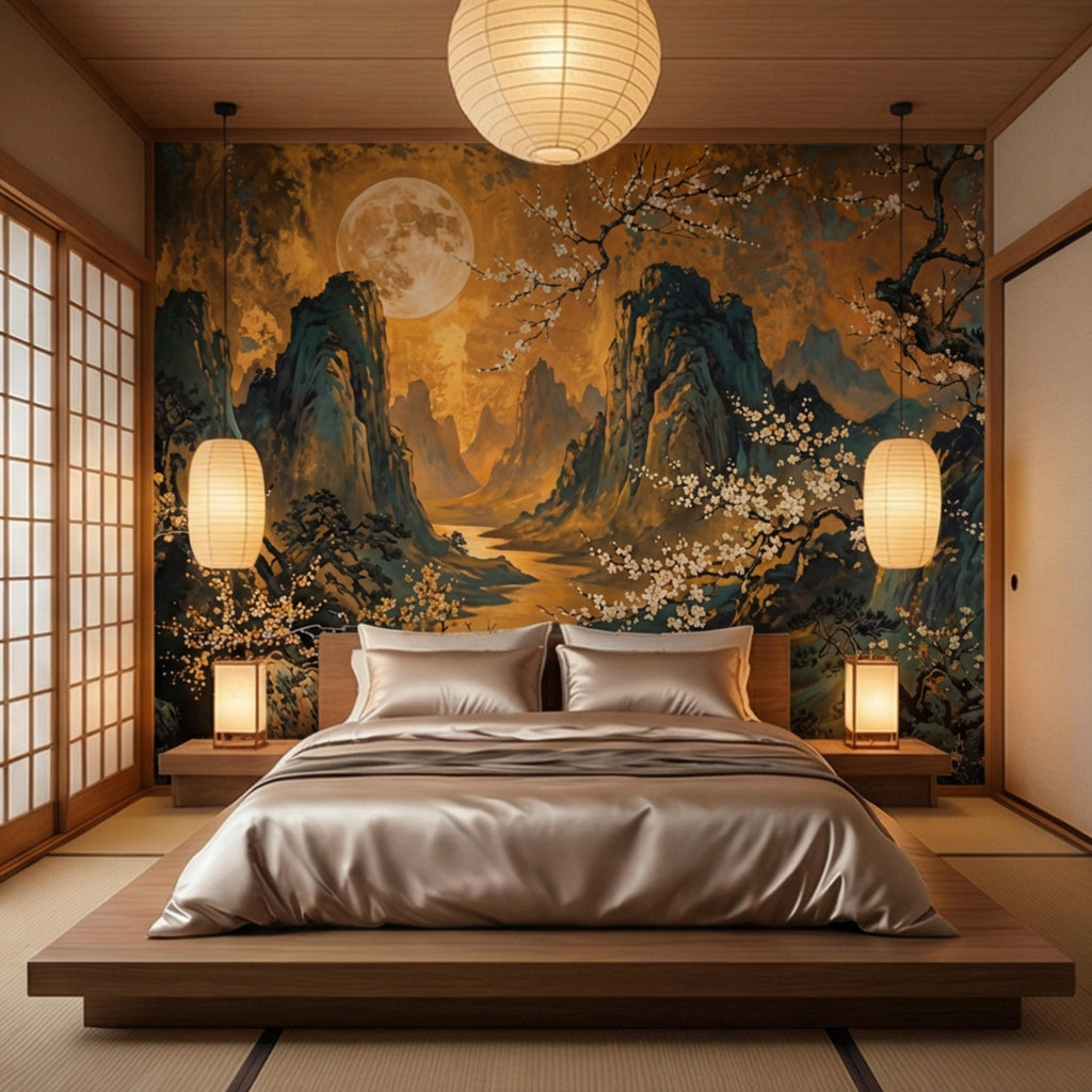 Asian Mountain Landscape Full Moon & Cherry Blossoms Peel and Stick Wall Mural Wallpaper, Japanese Chinoiserie Wallpaper