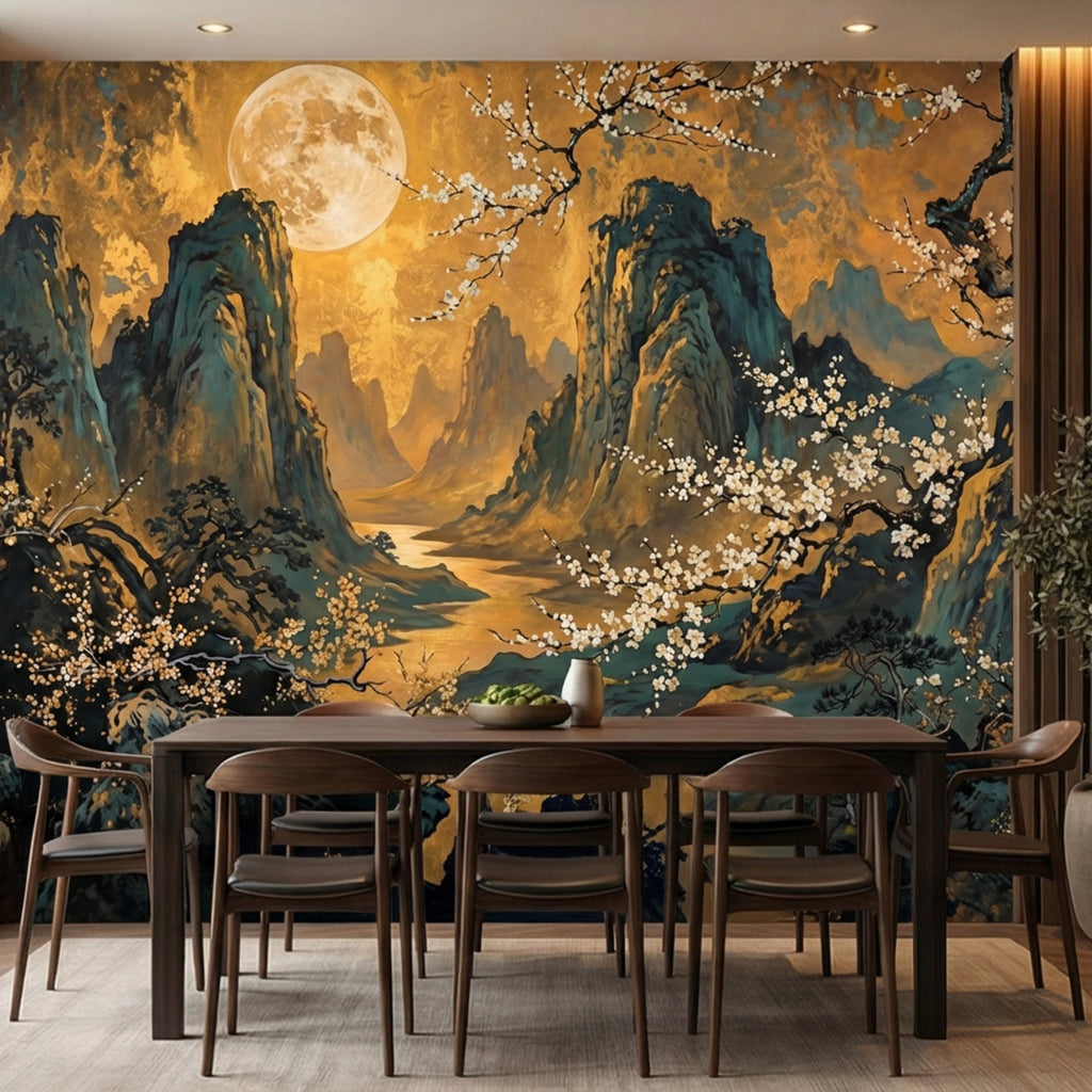 Asian Mountain Landscape Full Moon & Cherry Blossoms Peel and Stick Wall Mural Wallpaper, Japanese Chinoiserie Wallpaper
