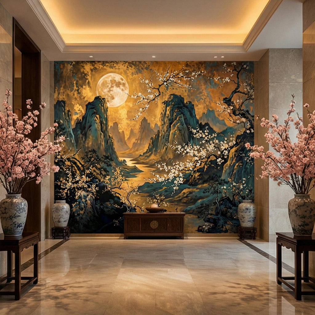 Asian Mountain Landscape Full Moon & Cherry Blossoms Peel and Stick Wall Mural Wallpaper, Japanese Chinoiserie Wallpaper