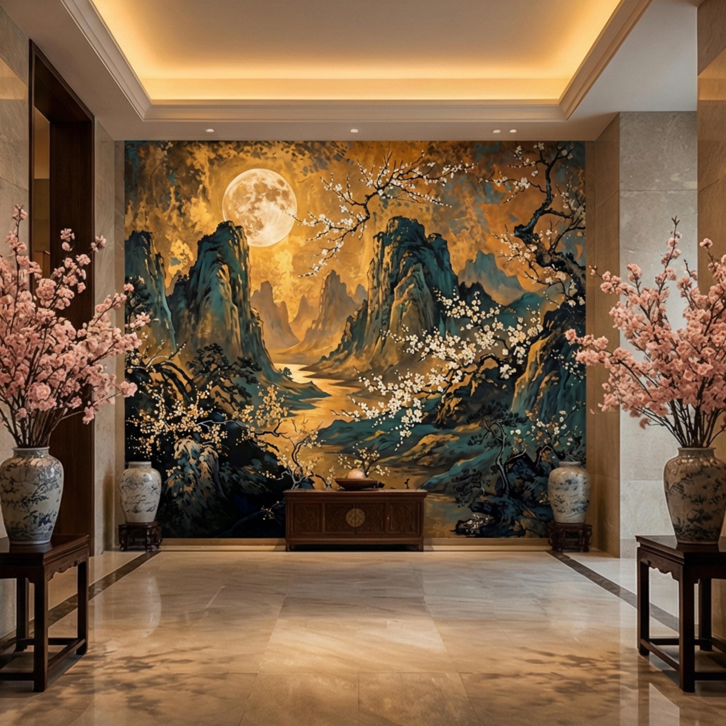 Asian Mountain Landscape Full Moon & Cherry Blossoms Peel and Stick Wall Mural Wallpaper, Japanese Chinoiserie Wallpaper