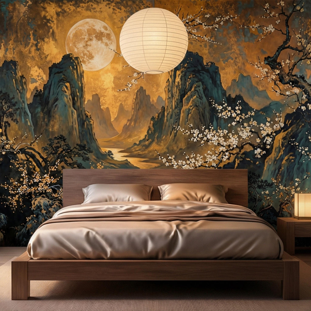 Asian Mountain Landscape Full Moon & Cherry Blossoms Peel and Stick Wall Mural Wallpaper, Japanese Chinoiserie Wallpaper