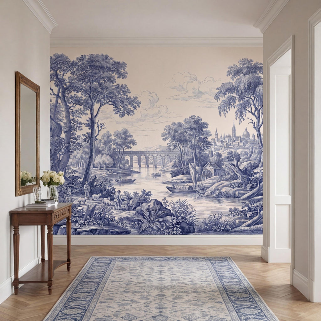 Blue Toile de Jouy French Country Pastoral River Landscape Peel and Stick Wall Mural, Vintage Scenic Wallpaper