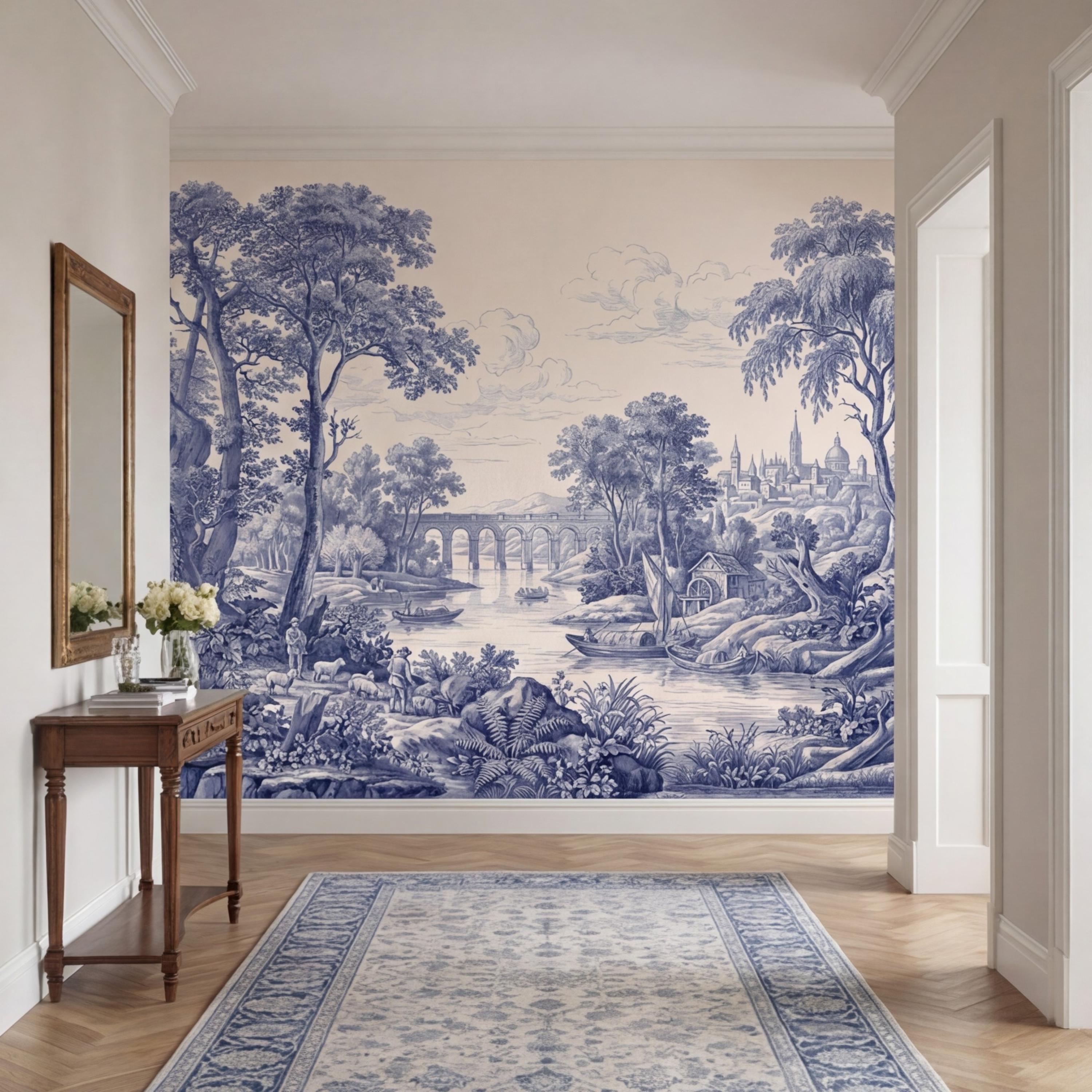 Blue Toile de Jouy French Country Pastoral River Landscape Peel and Stick Wall Mural, Vintage Scenic Wallpaper
