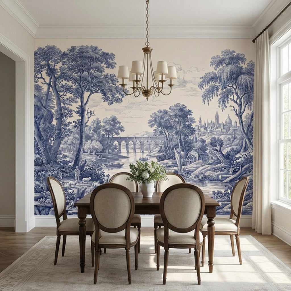 Blue Toile de Jouy French Country Pastoral River Landscape Peel and Stick Wall Mural, Vintage Scenic Wallpaper