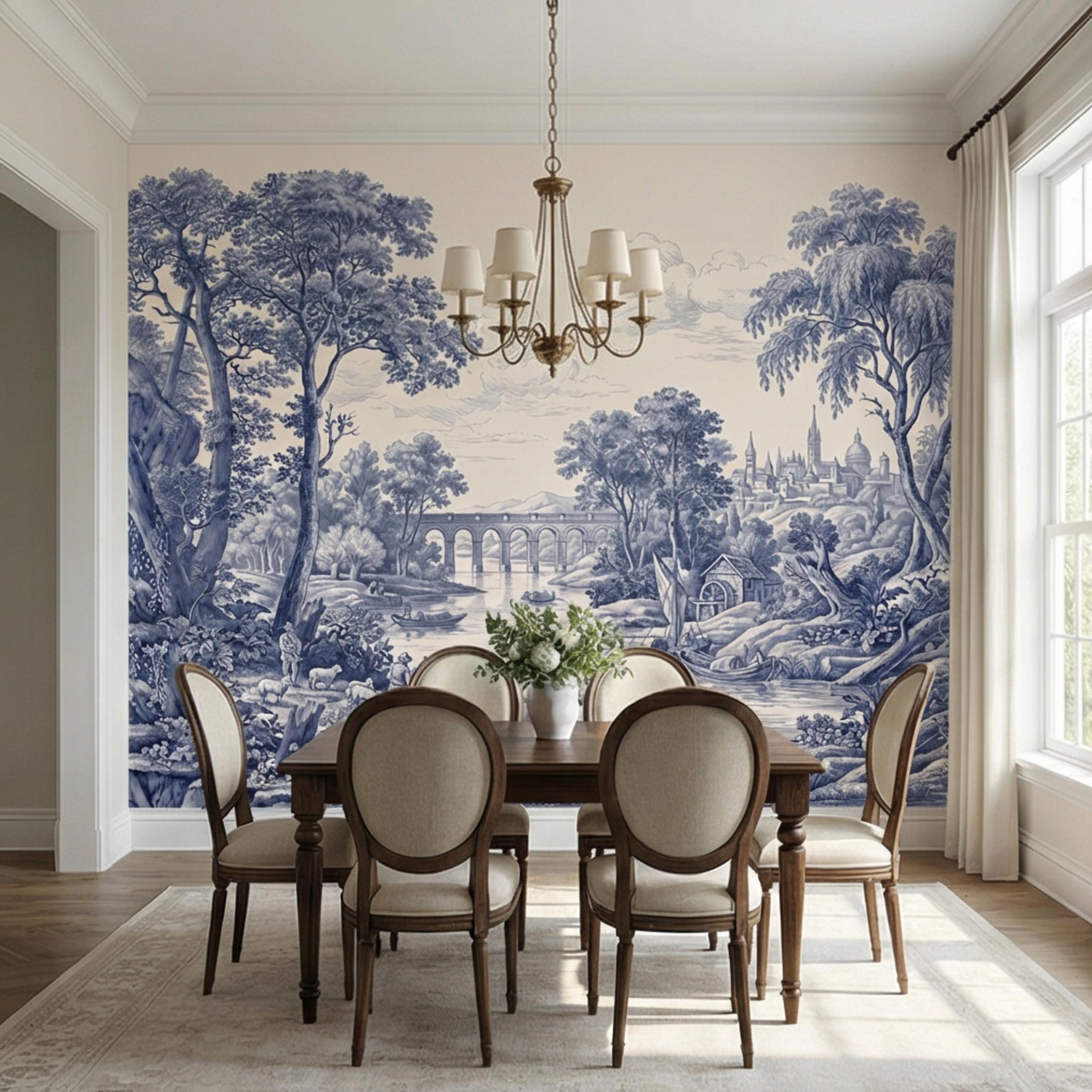 Blue Toile de Jouy French Country Pastoral River Landscape Peel and Stick Wall Mural, Vintage Scenic Wallpaper