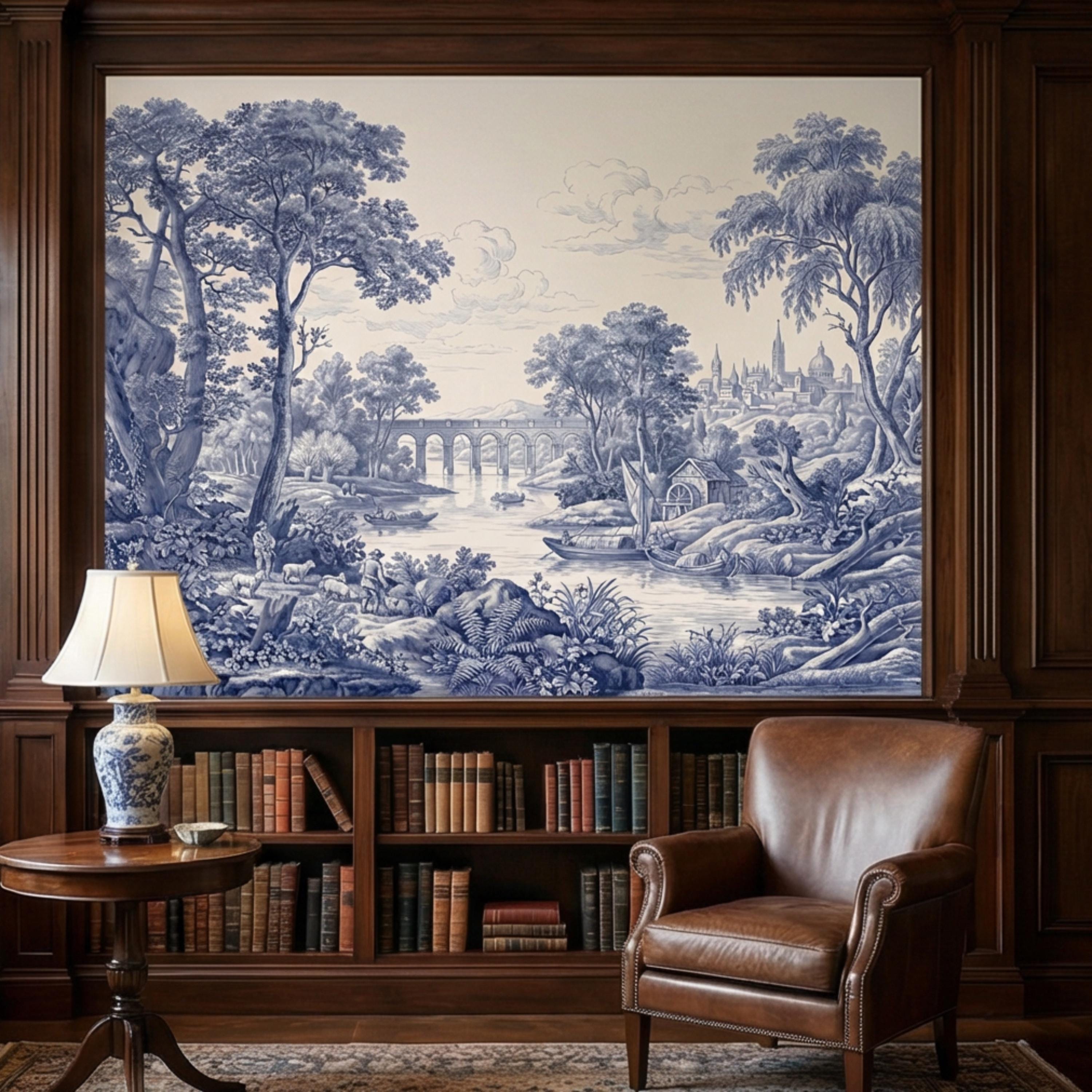 Blue Toile de Jouy French Country Pastoral River Landscape Peel and Stick Wall Mural, Vintage Scenic Wallpaper