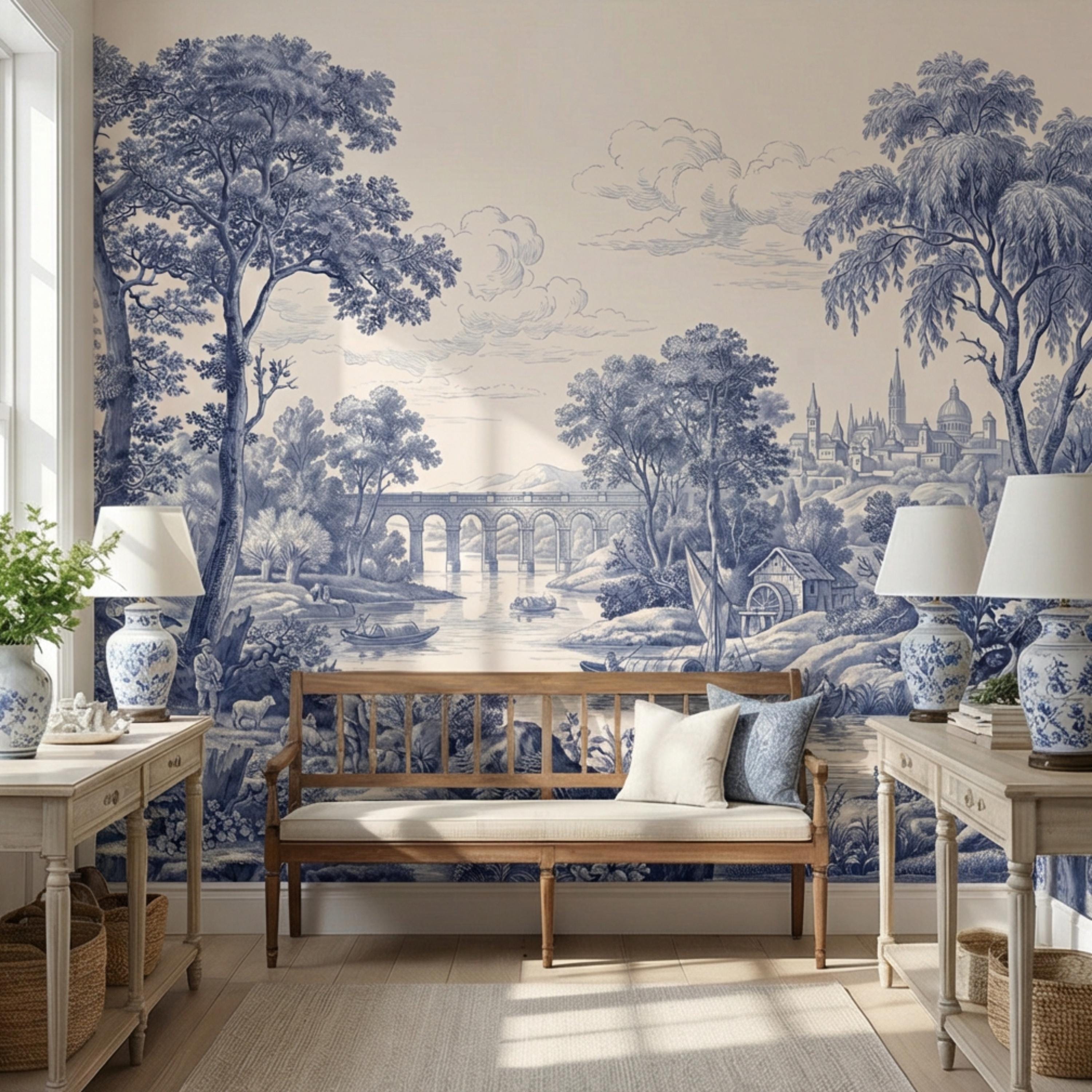 Blue Toile de Jouy French Country Pastoral River Landscape Peel and Stick Wall Mural, Vintage Scenic Wallpaper