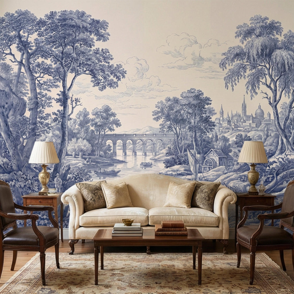 Blue Toile de Jouy French Country Pastoral River Landscape Peel and Stick Wall Mural, Vintage Scenic Wallpaper
