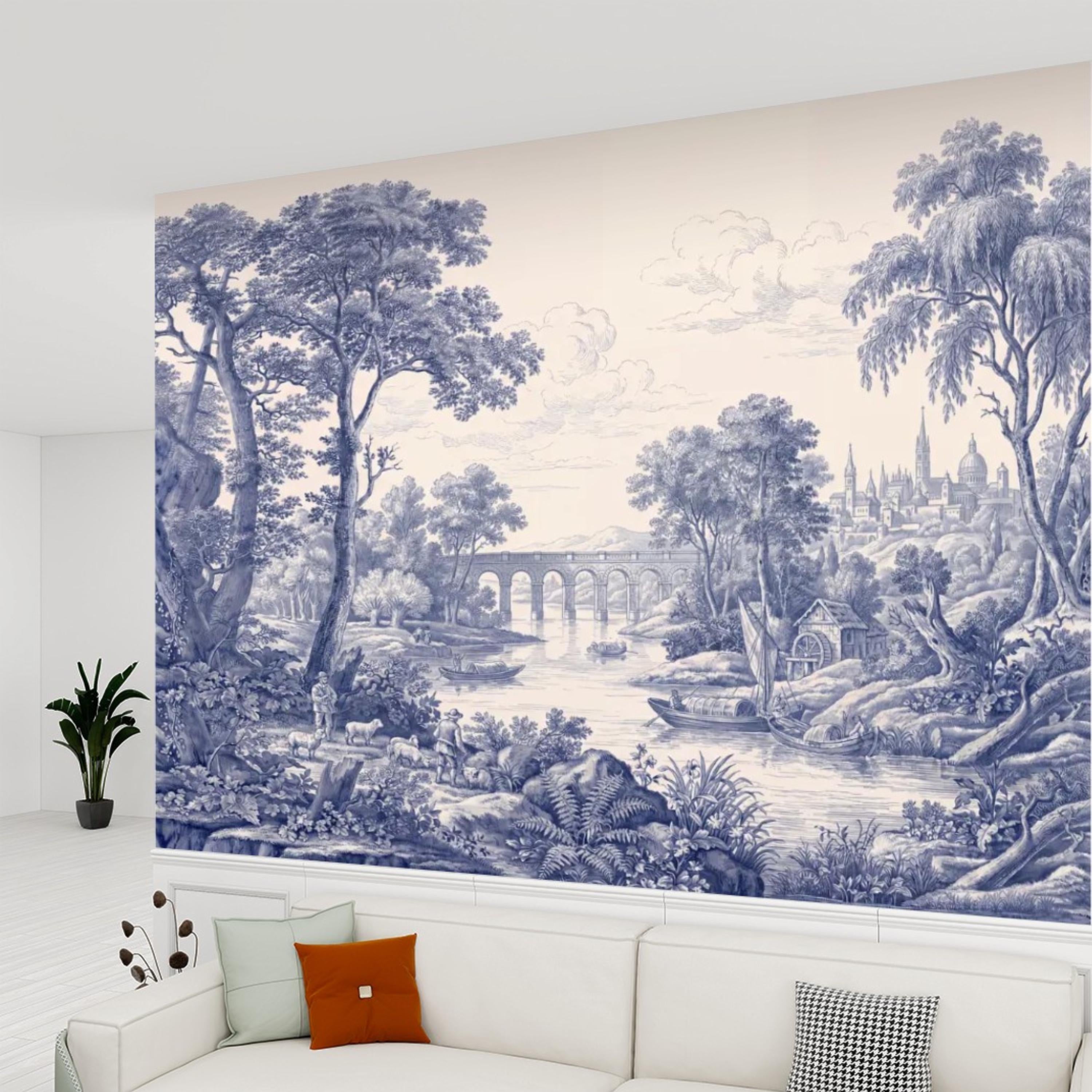 Blue Toile de Jouy French Country Pastoral River Landscape Peel and Stick Wall Mural, Vintage Scenic Wallpaper