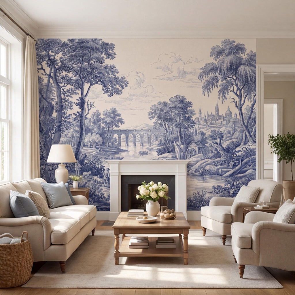 Blue Toile de Jouy French Country Pastoral River Landscape Peel and Stick Wall Mural, Vintage Scenic Wallpaper
