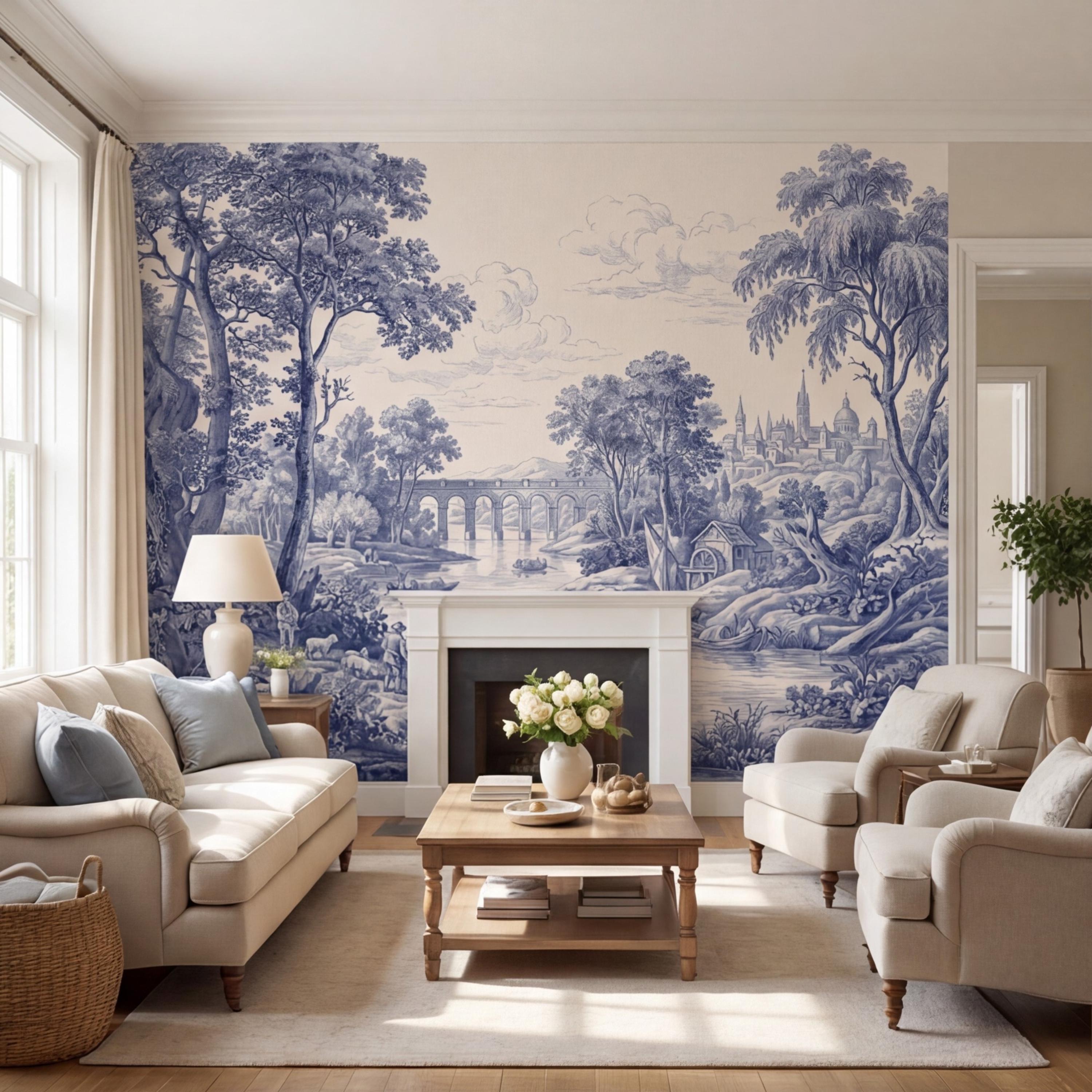 Blue Toile de Jouy French Country Pastoral River Landscape Peel and Stick Wall Mural, Vintage Scenic Wallpaper