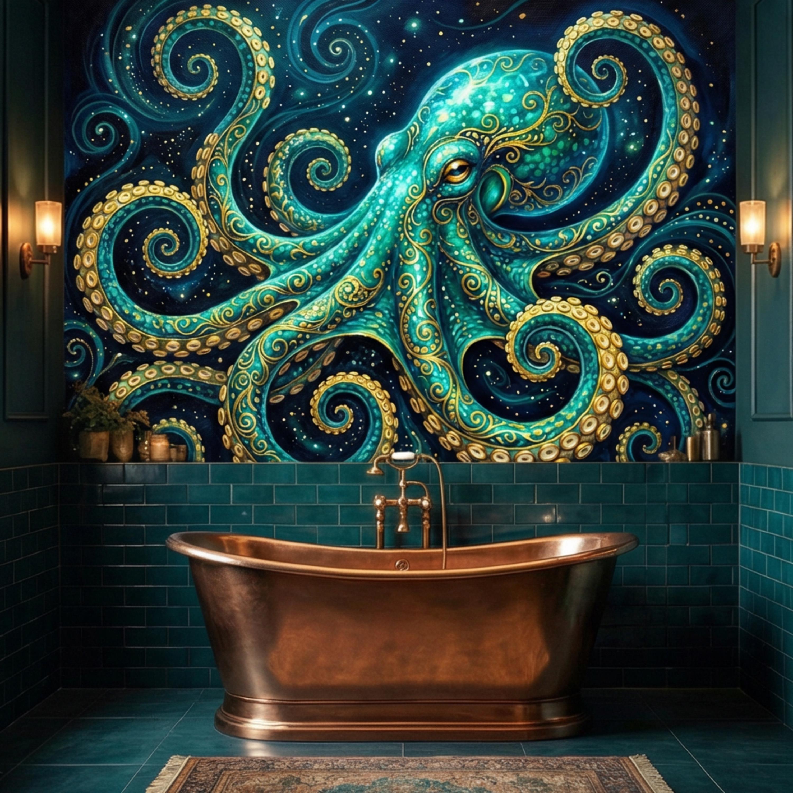 Octopus Nautical Ocean Fantasy Peel and Stick Wall Mural, Teal Art Nouveau Sea Life Wallpaper