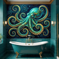 Octopus Nautical Ocean Fantasy Peel and Stick Wall Mural, Teal Art Nouveau Sea Life Wallpaper