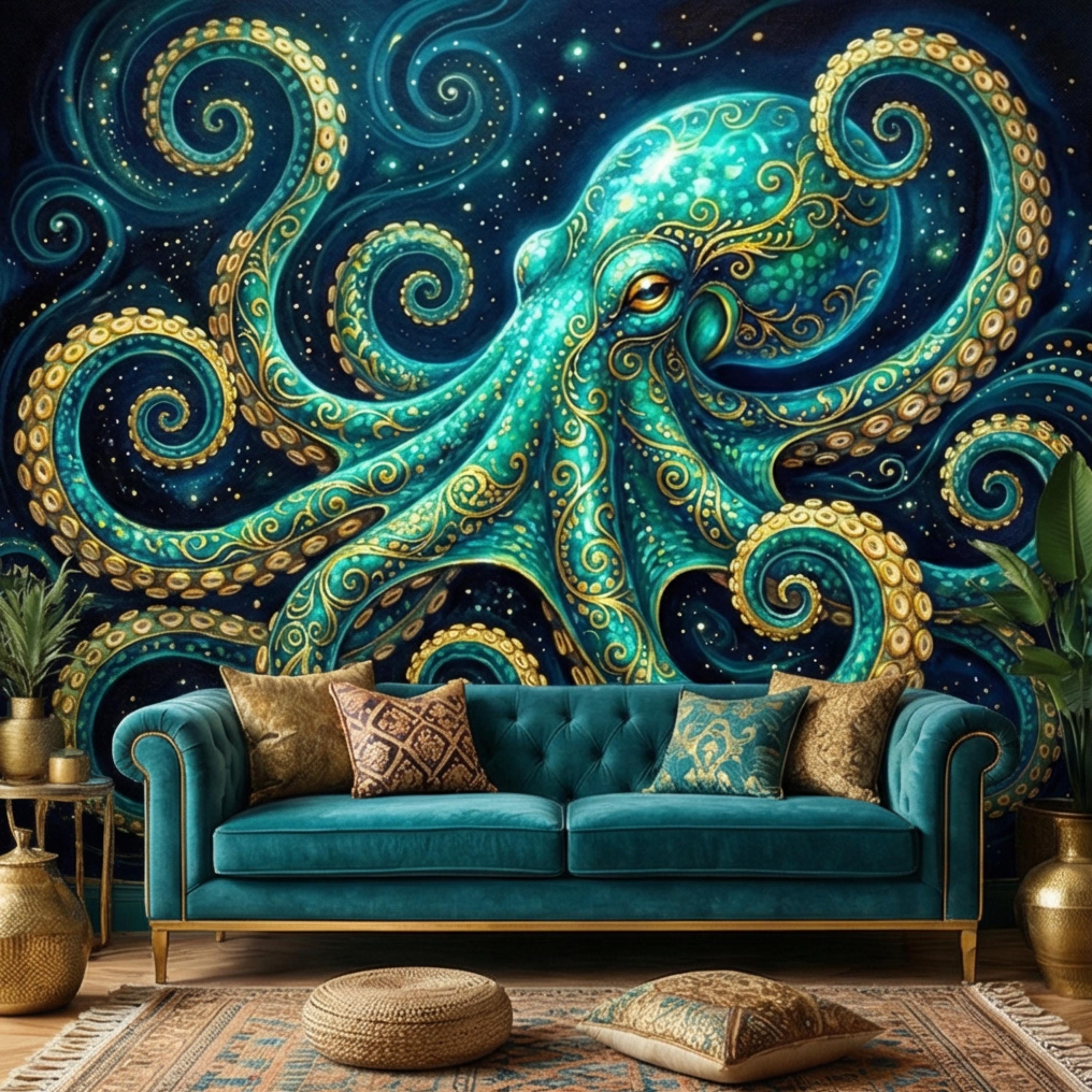 Octopus Nautical Ocean Fantasy Peel and Stick Wall Mural, Teal Art Nouveau Sea Life Wallpaper