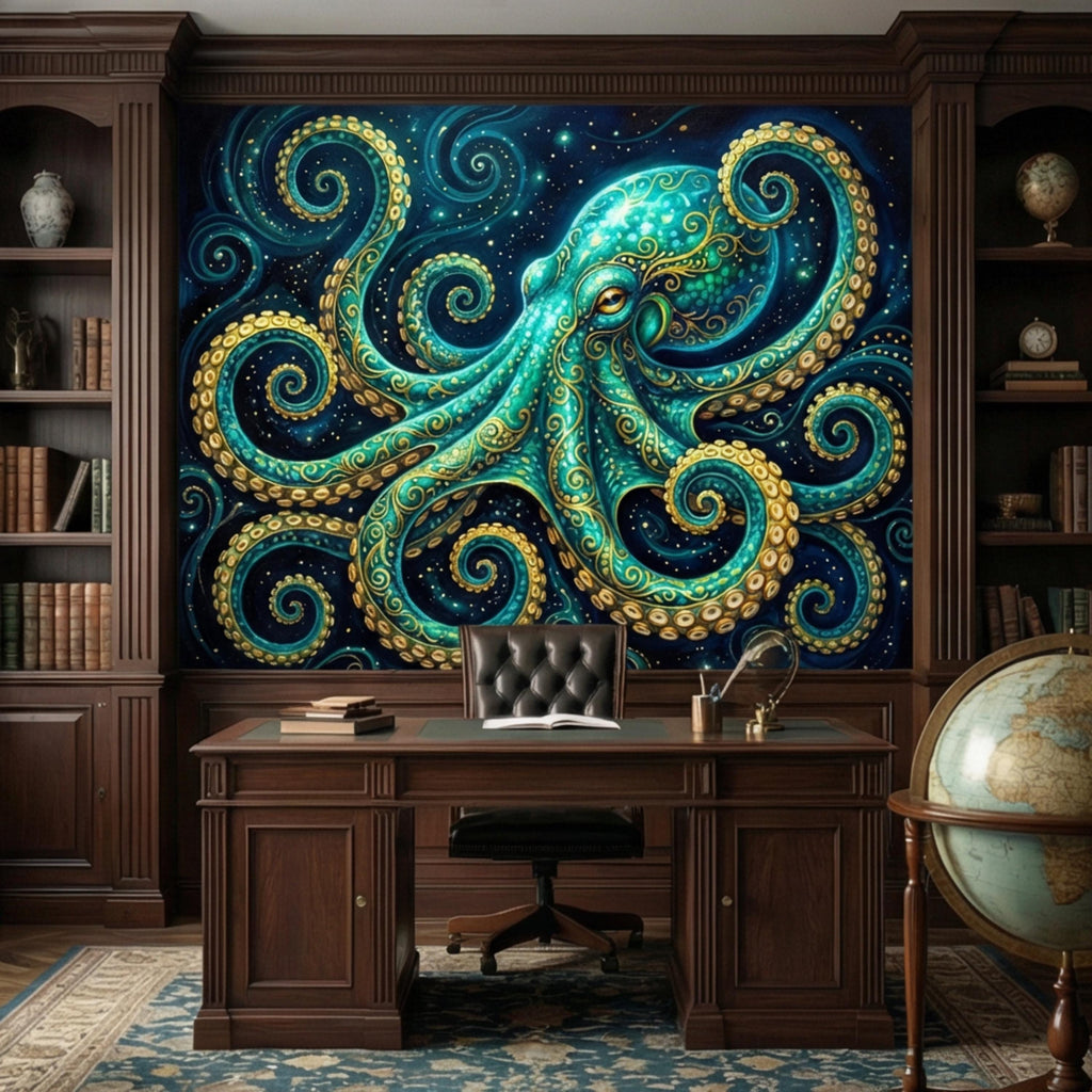 Octopus Nautical Ocean Fantasy Peel and Stick Wall Mural, Teal Art Nouveau Sea Life Wallpaper