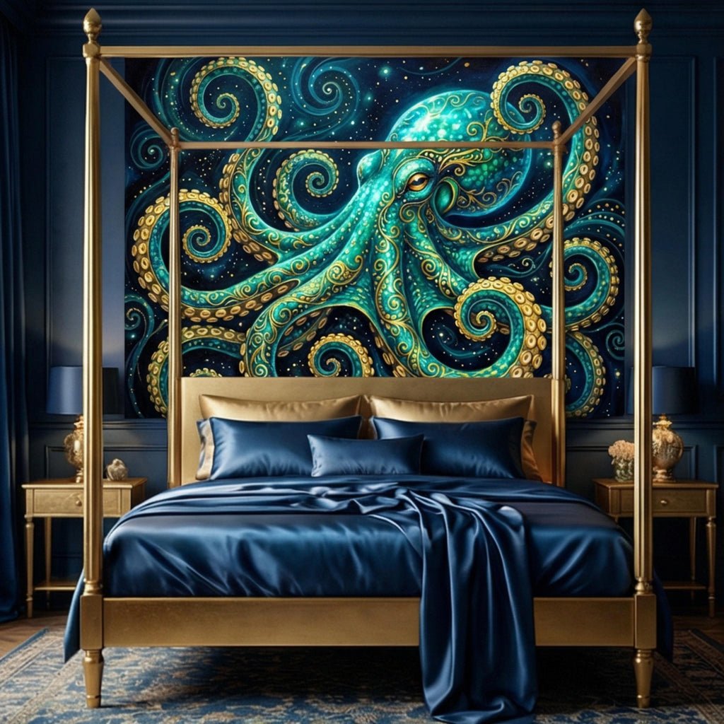 Octopus Nautical Ocean Fantasy Peel and Stick Wall Mural, Teal Art Nouveau Sea Life Wallpaper
