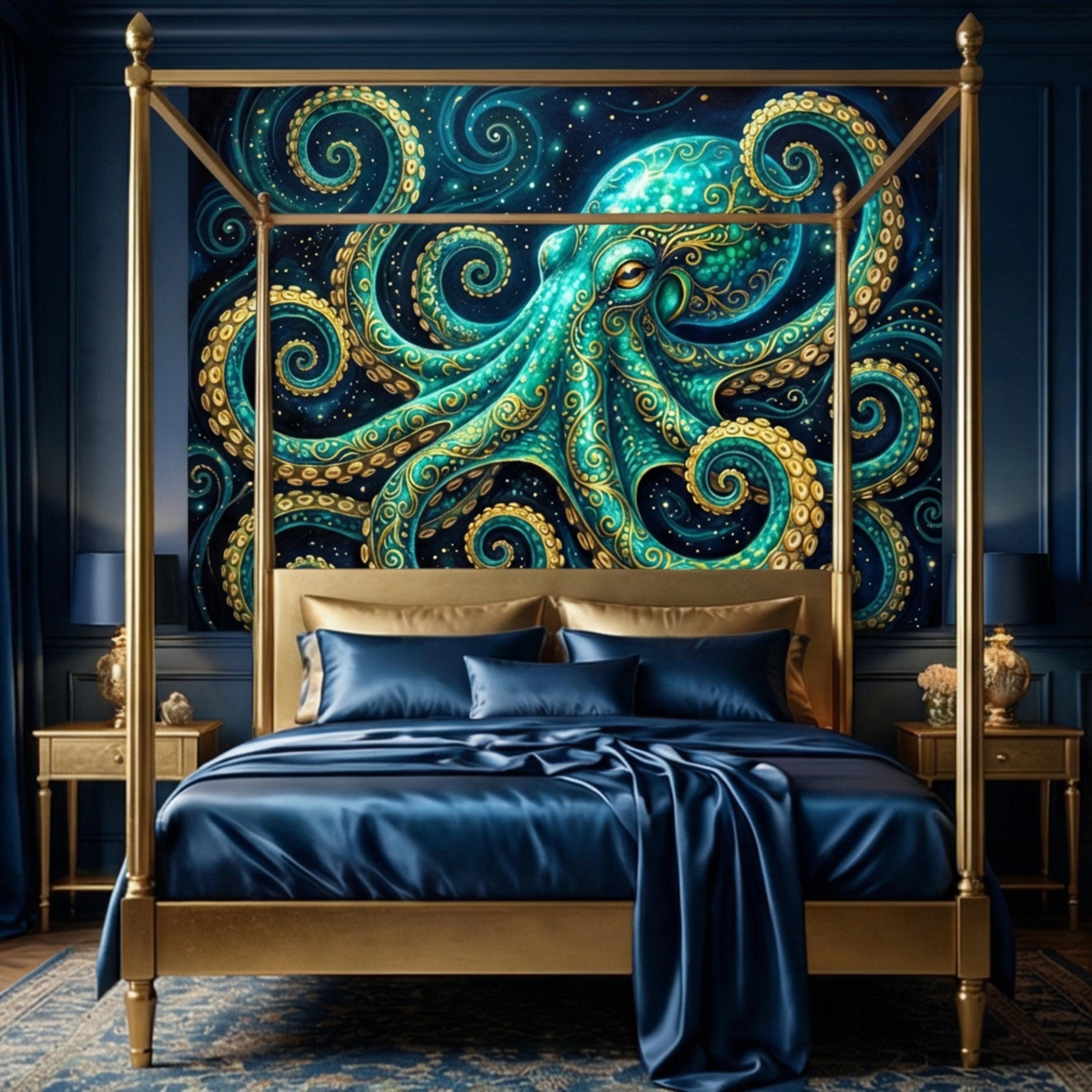 Octopus Nautical Ocean Fantasy Peel and Stick Wall Mural, Teal Art Nouveau Sea Life Wallpaper