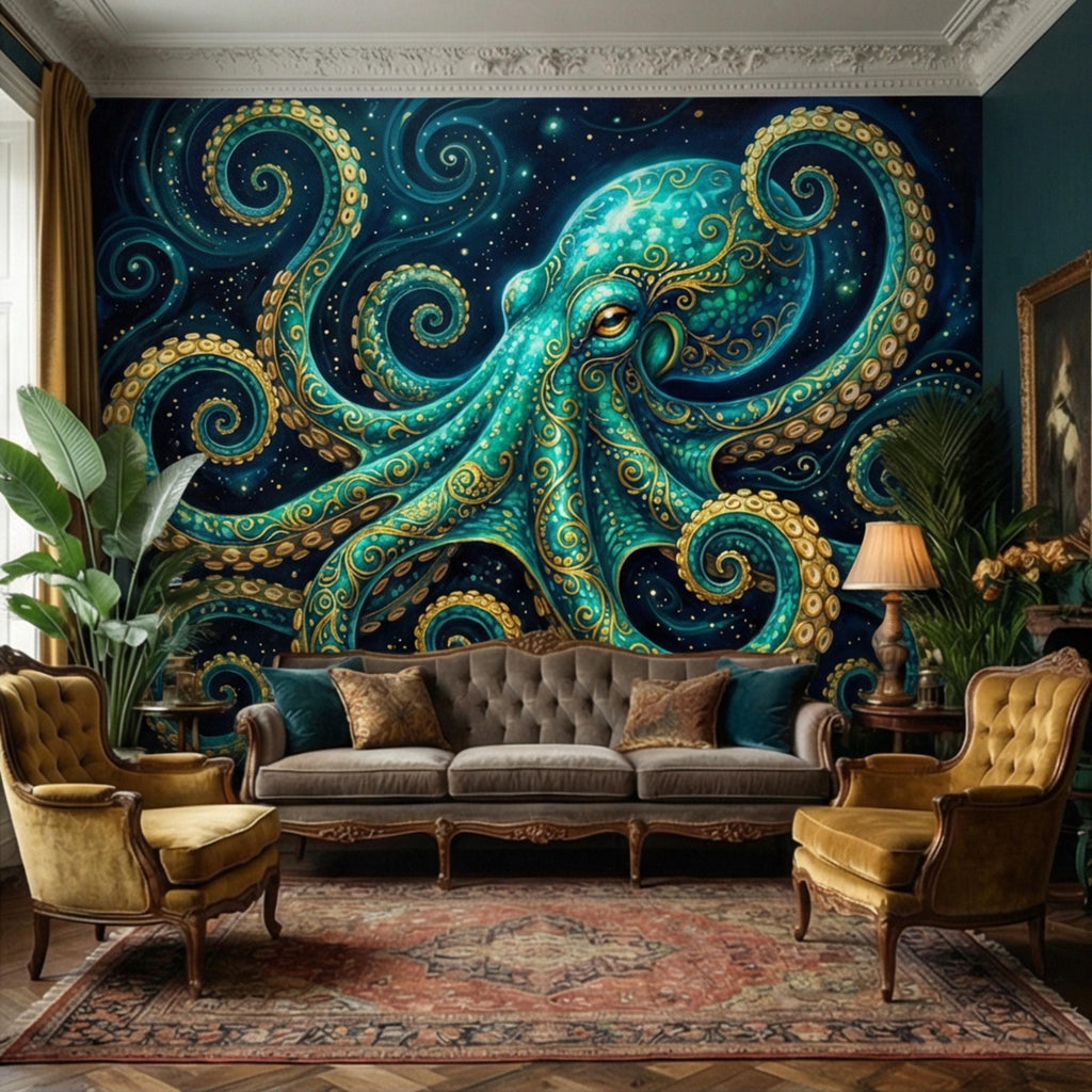 Octopus Nautical Ocean Fantasy Peel and Stick Wall Mural, Teal Art Nouveau Sea Life Wallpaper