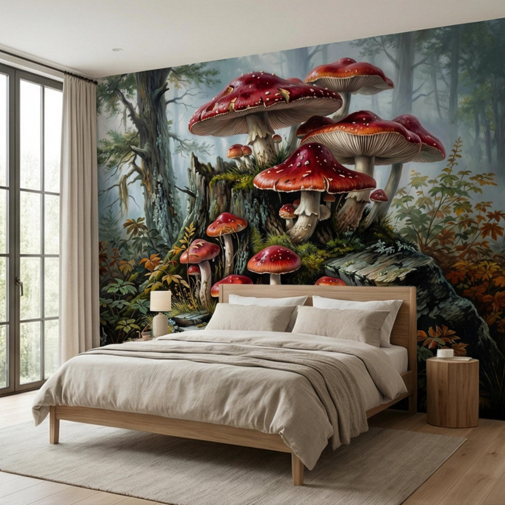 Misty Forest Mushroom Peel and Stick Wall Mural, Fly Agaric Woodland Botanical Art, Moody Rustic Nature Wallpaper