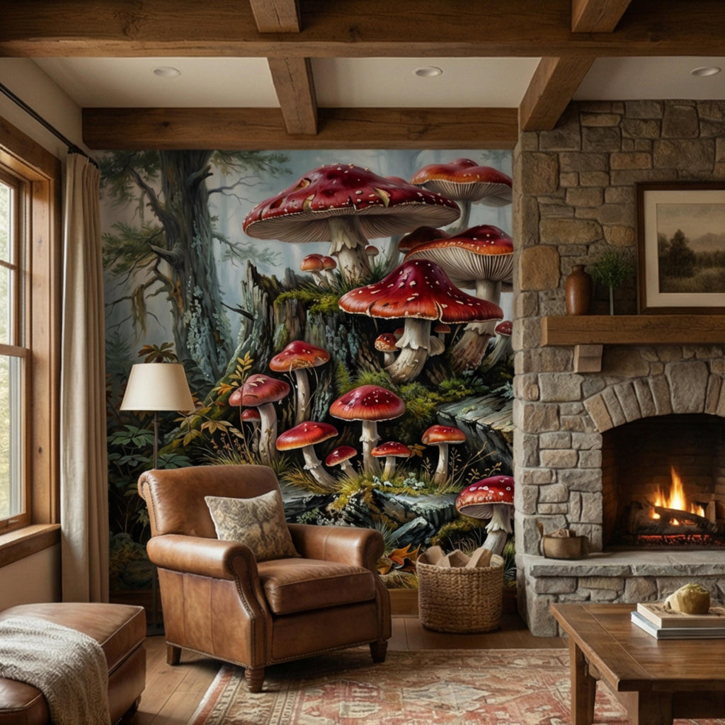 Misty Forest Mushroom Peel and Stick Wall Mural, Fly Agaric Woodland Botanical Art, Moody Rustic Nature Wallpaper