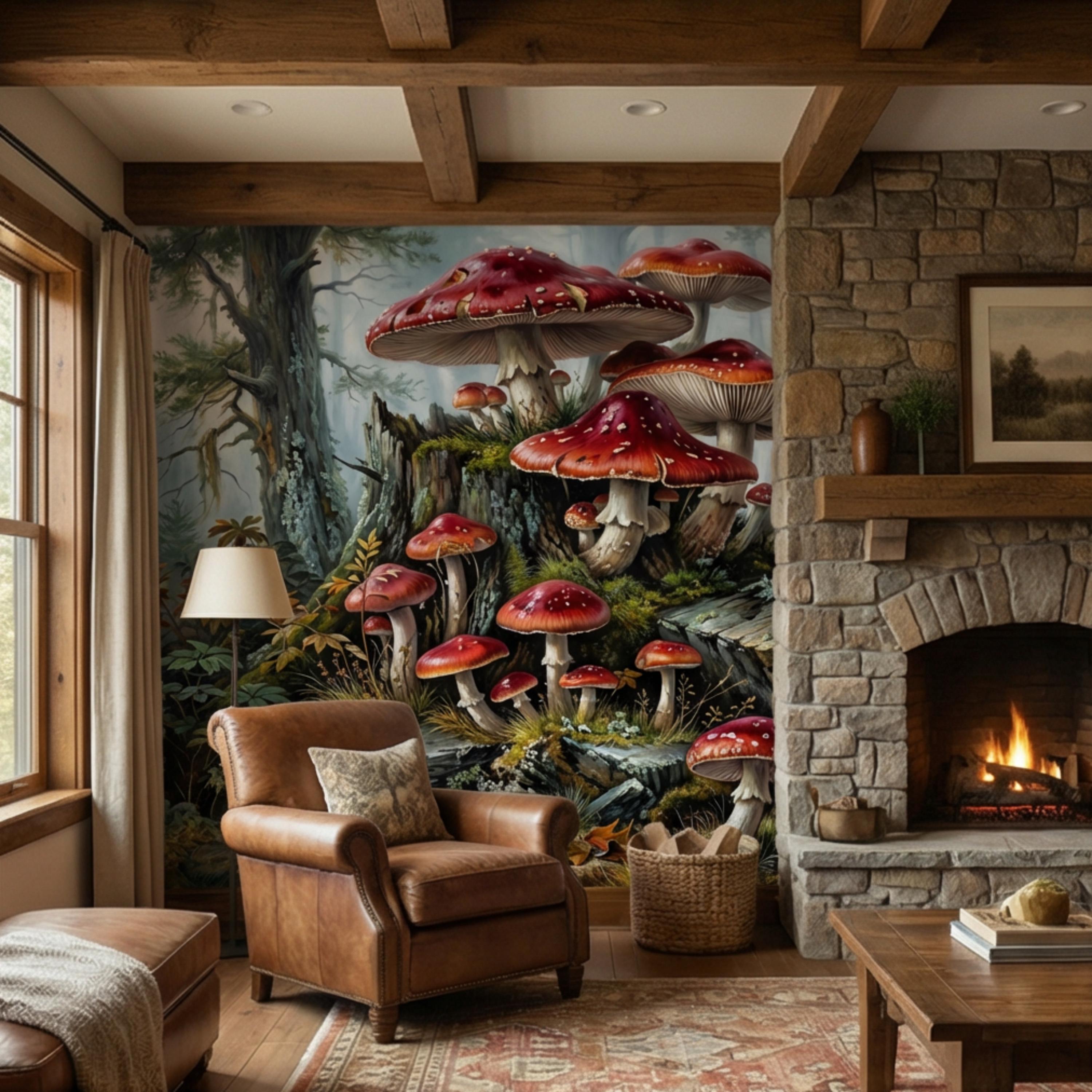 Misty Forest Mushroom Peel and Stick Wall Mural, Fly Agaric Woodland Botanical Art, Moody Rustic Nature Wallpaper