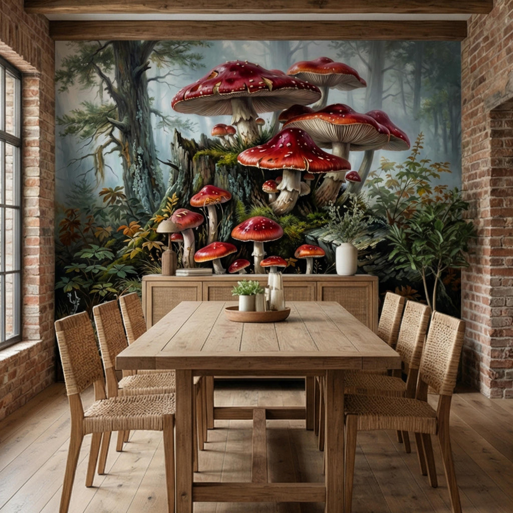 Misty Forest Mushroom Peel and Stick Wall Mural, Fly Agaric Woodland Botanical Art, Moody Rustic Nature Wallpaper