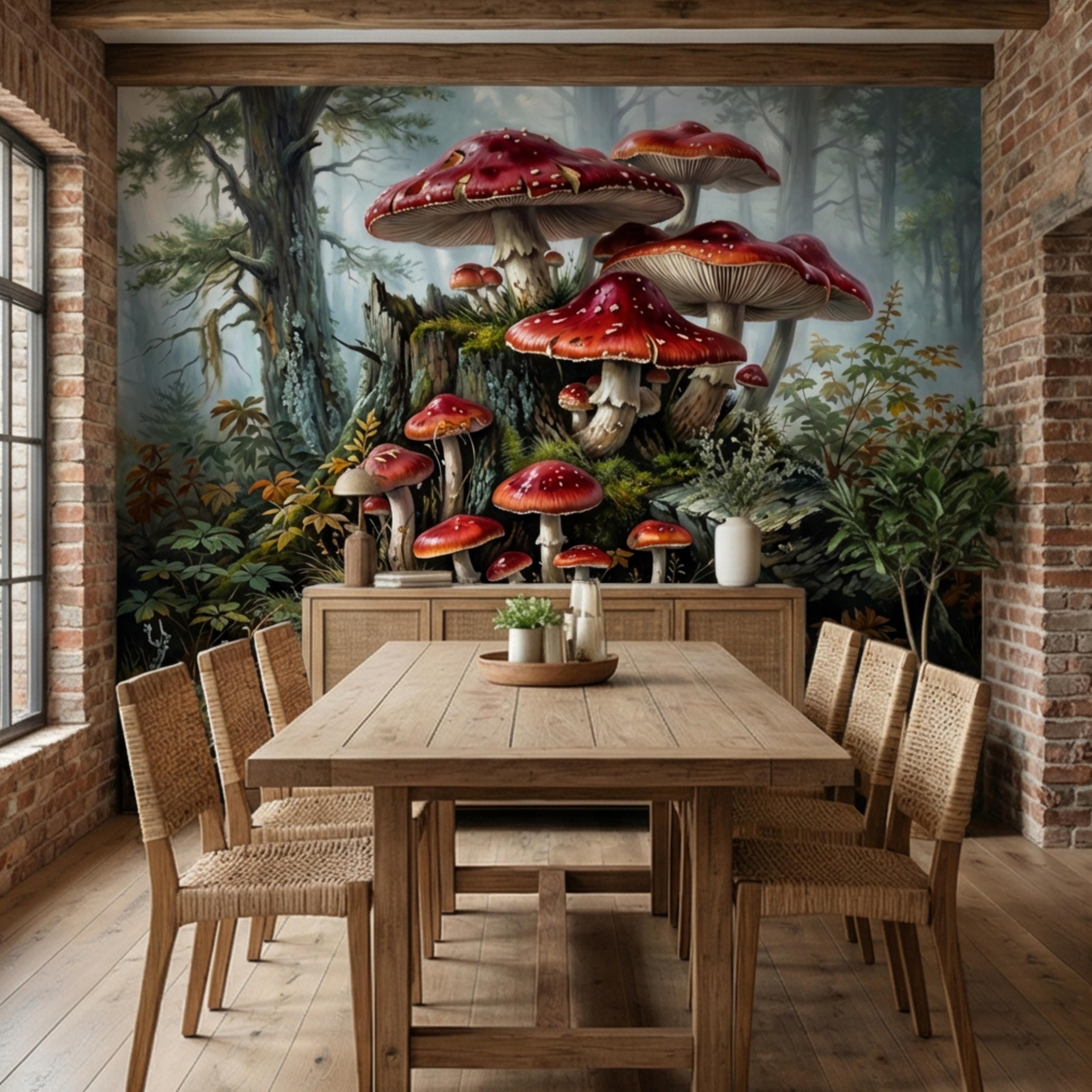 Misty Forest Mushroom Peel and Stick Wall Mural, Fly Agaric Woodland Botanical Art, Moody Rustic Nature Wallpaper