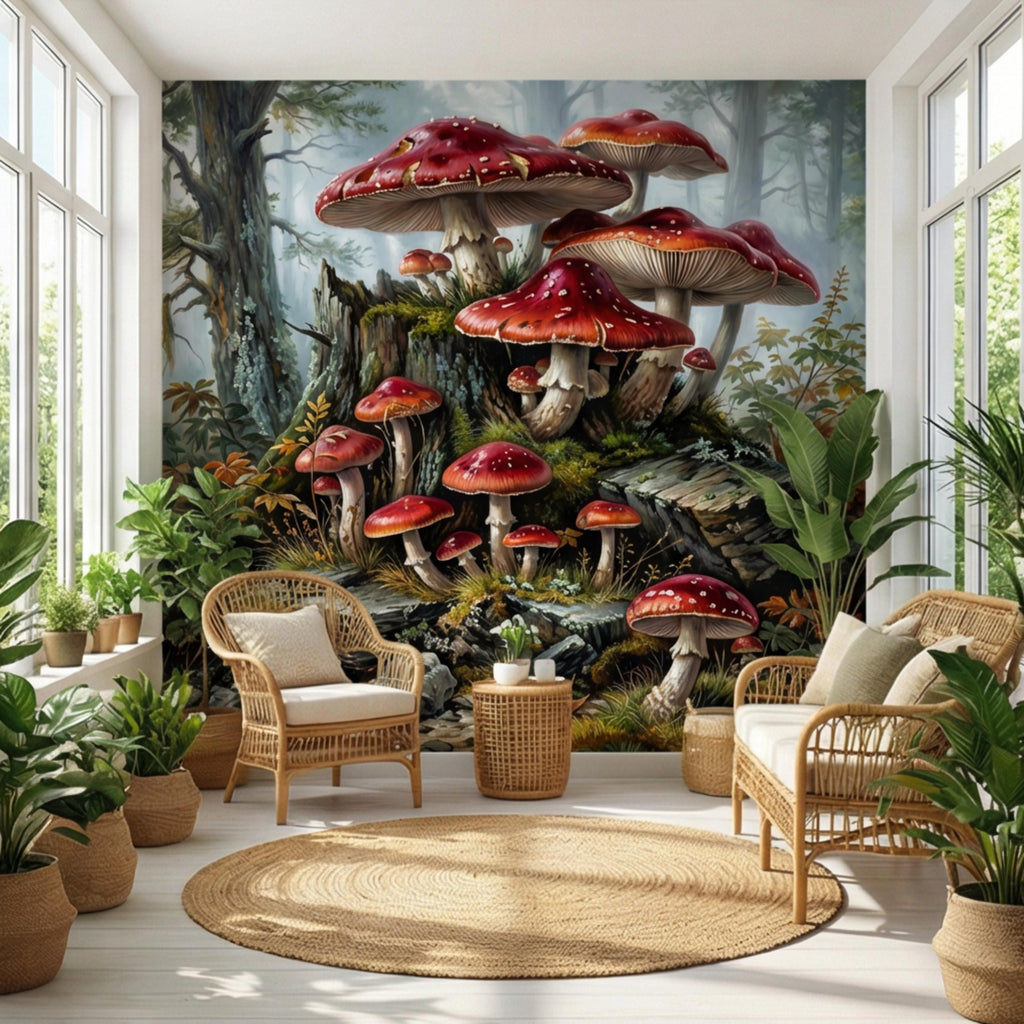 Misty Forest Mushroom Peel and Stick Wall Mural, Fly Agaric Woodland Botanical Art, Moody Rustic Nature Wallpaper