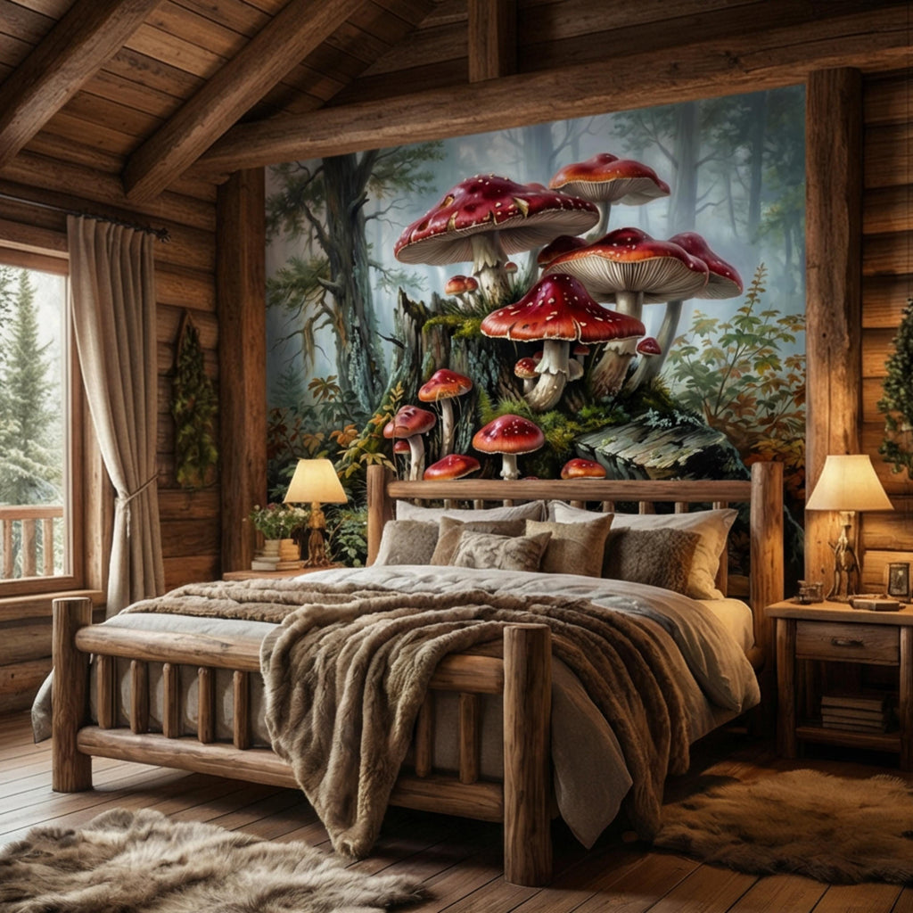 Misty Forest Mushroom Peel and Stick Wall Mural, Fly Agaric Woodland Botanical Art, Moody Rustic Nature Wallpaper
