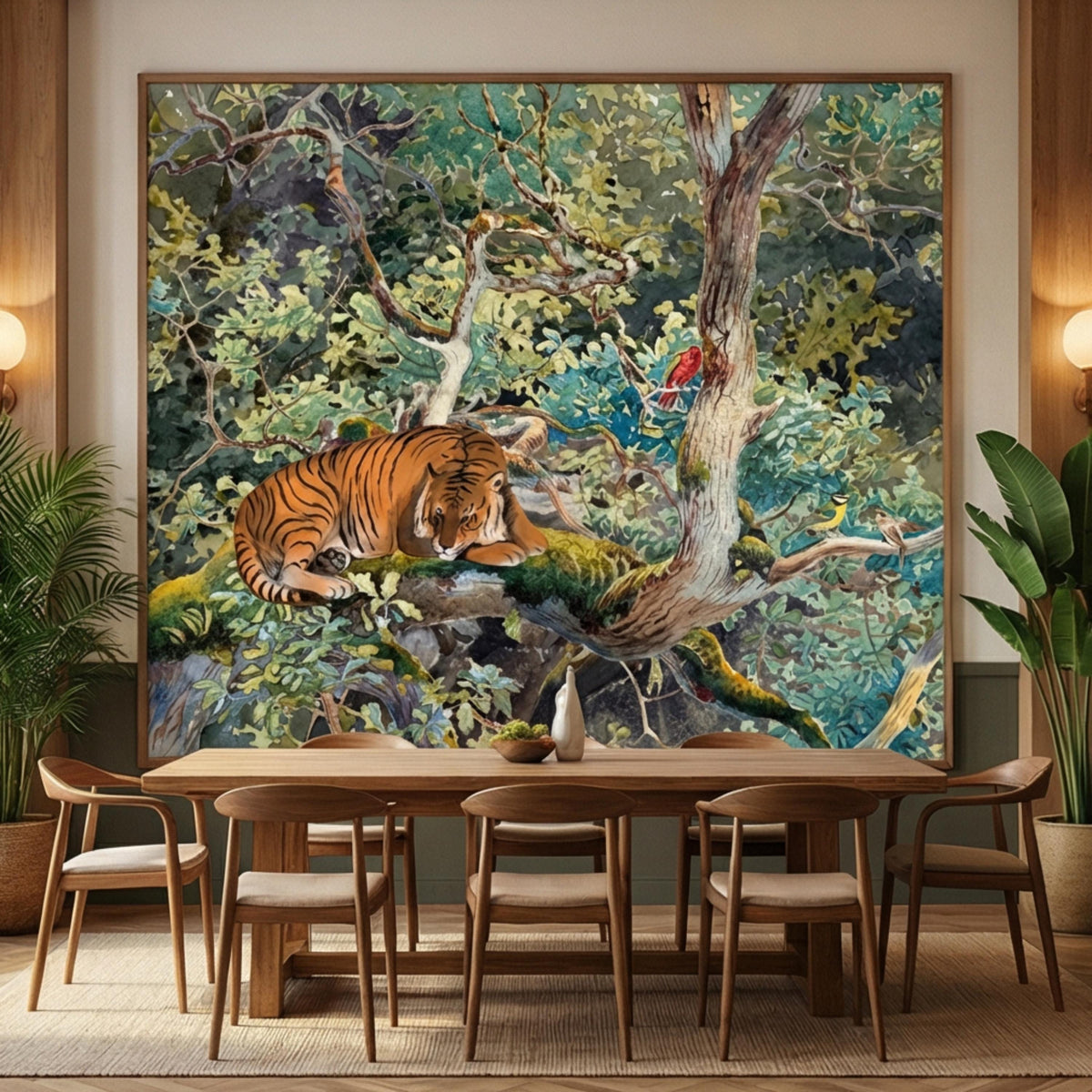 Wildlife wall mural with a tiger and towering tree beside winding branches