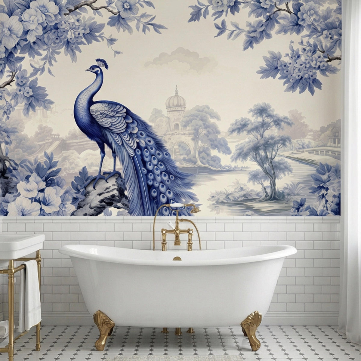 Blue and white toile wall mural with peacock figure above a white bathtub area