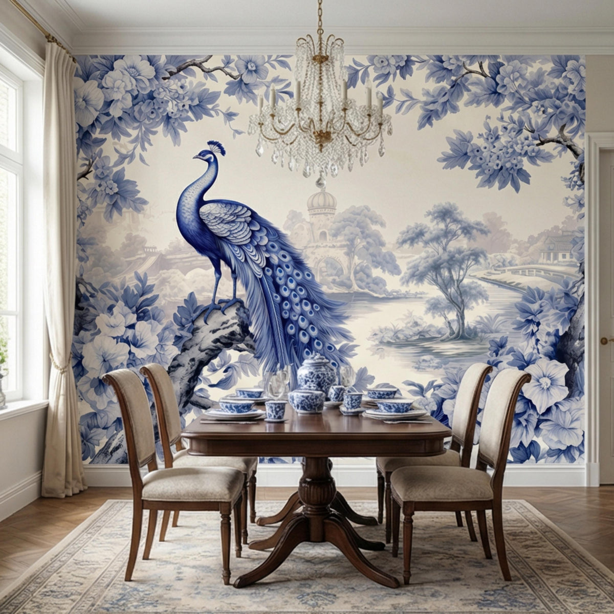 Blue and white toile wall mural with peacock centerpiece and blue floral border