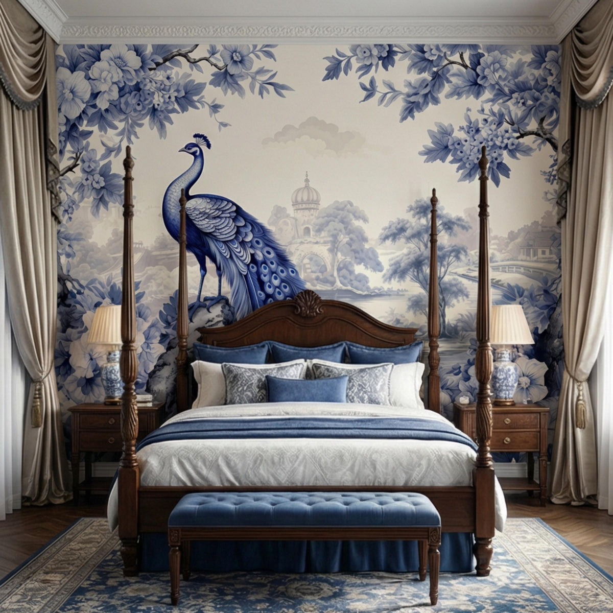 Blue and white toile wall mural showing a peacock in a soft landscape scene