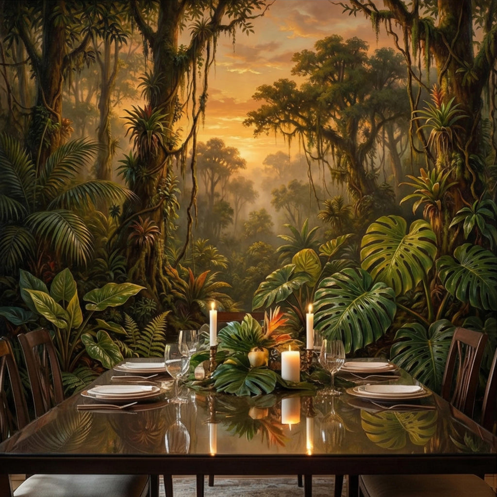 Tropical Rainforest Jungle River at Sunset Peel and Stick Wall Mural, Monstera Botanical Landscape Nature Wallpaper
