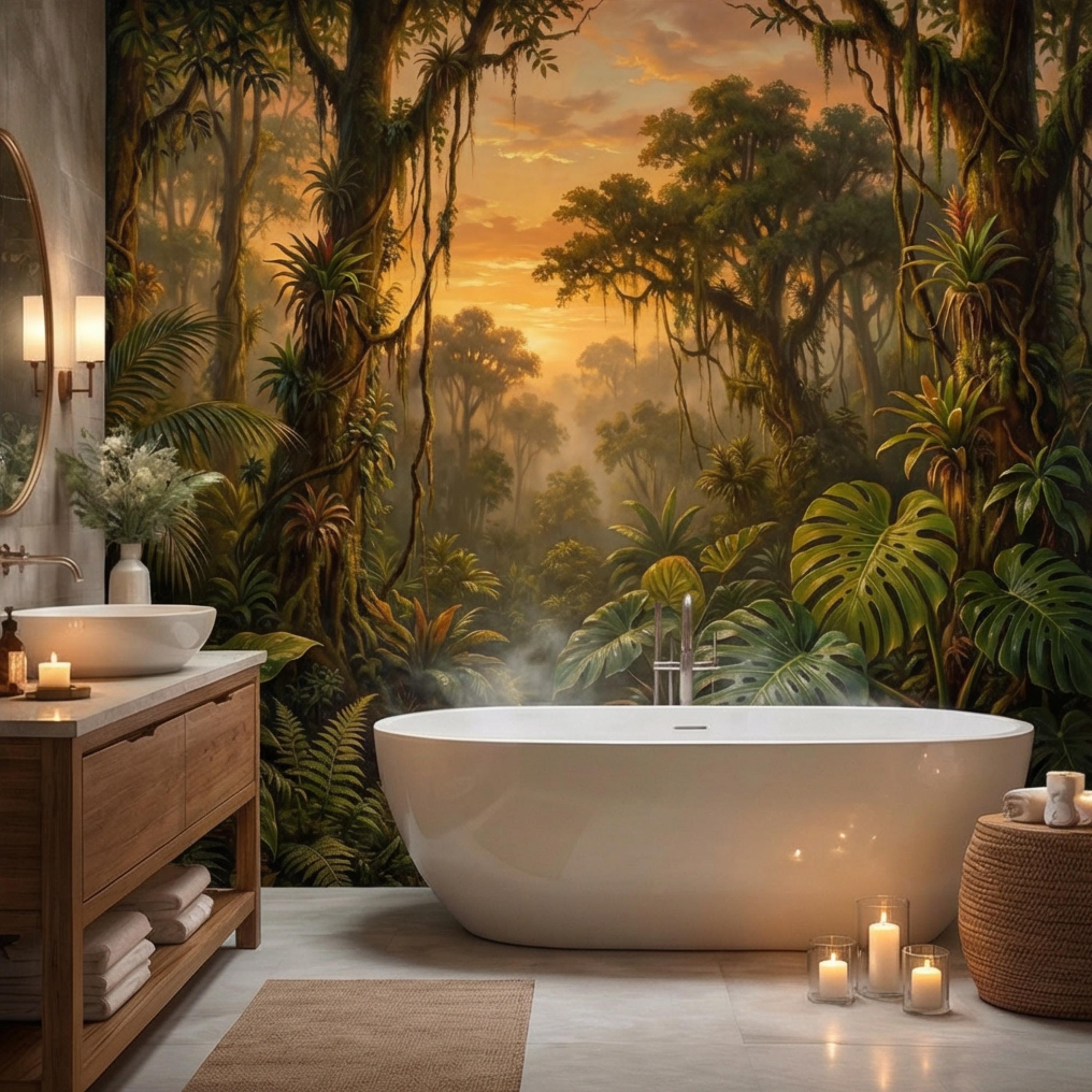 Tropical Rainforest Jungle River at Sunset Peel and Stick Wall Mural, Monstera Botanical Landscape Nature Wallpaper