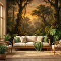 Tropical Rainforest Jungle River at Sunset Peel and Stick Wall Mural, Monstera Botanical Landscape Nature Wallpaper